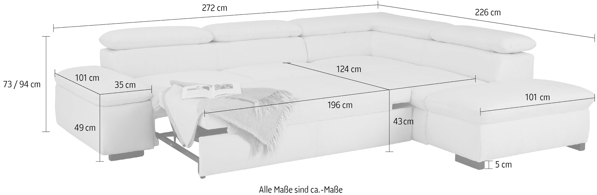 Home affaire Ecksofa »Alberto L-Form«, mit Kopfteilverstellung, wahlweise mit Bettfunktion