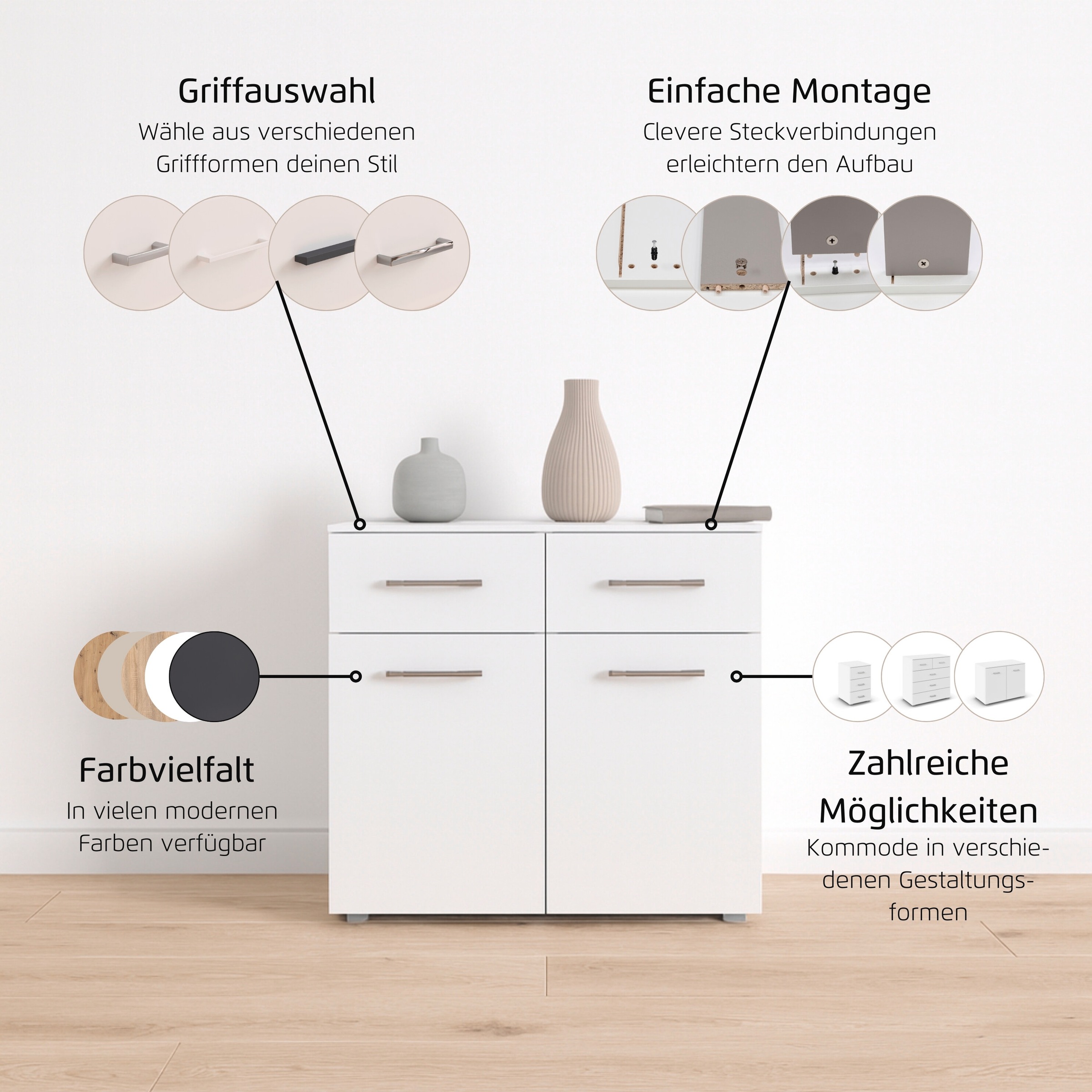 rauch Kommode »Gamma« Breite 80 cm / Höhe 81 cm, verschiedene Griffvarianten/-Farben,  mit zwei Türen und zwei geräumigen Schubladen MADE IN GERMANY