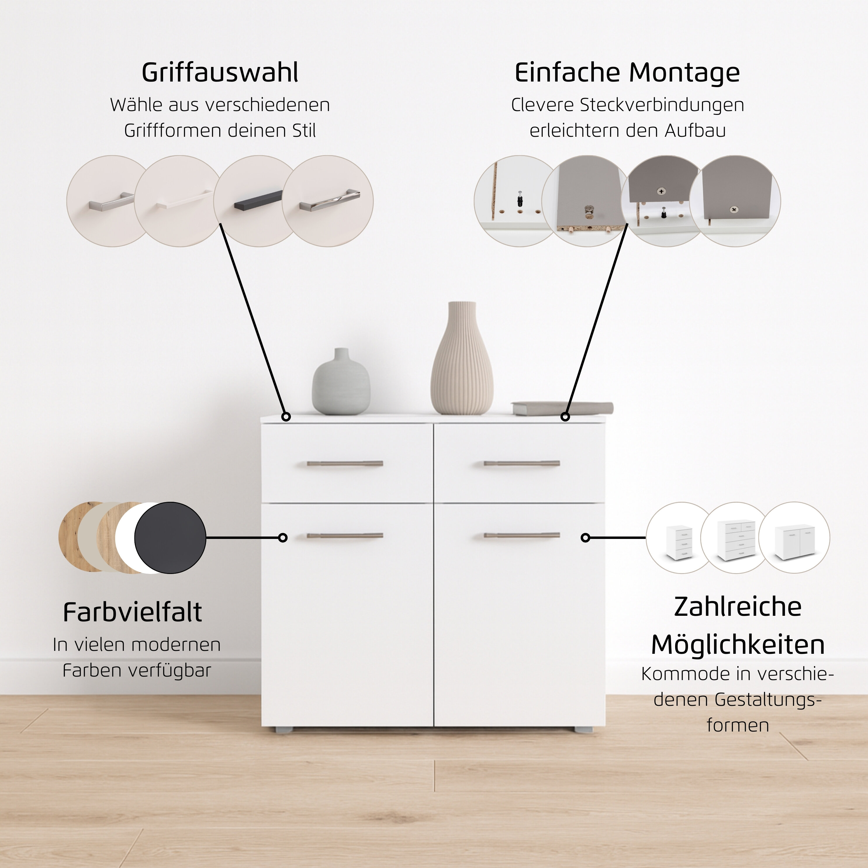 Thumbnail - rauch Kommode "Gamma" Breite 80 cm / Höhe 81 cm, verschiedene Griffvarianten/-Farben, mit zwei Türen und zwei geräumigen...