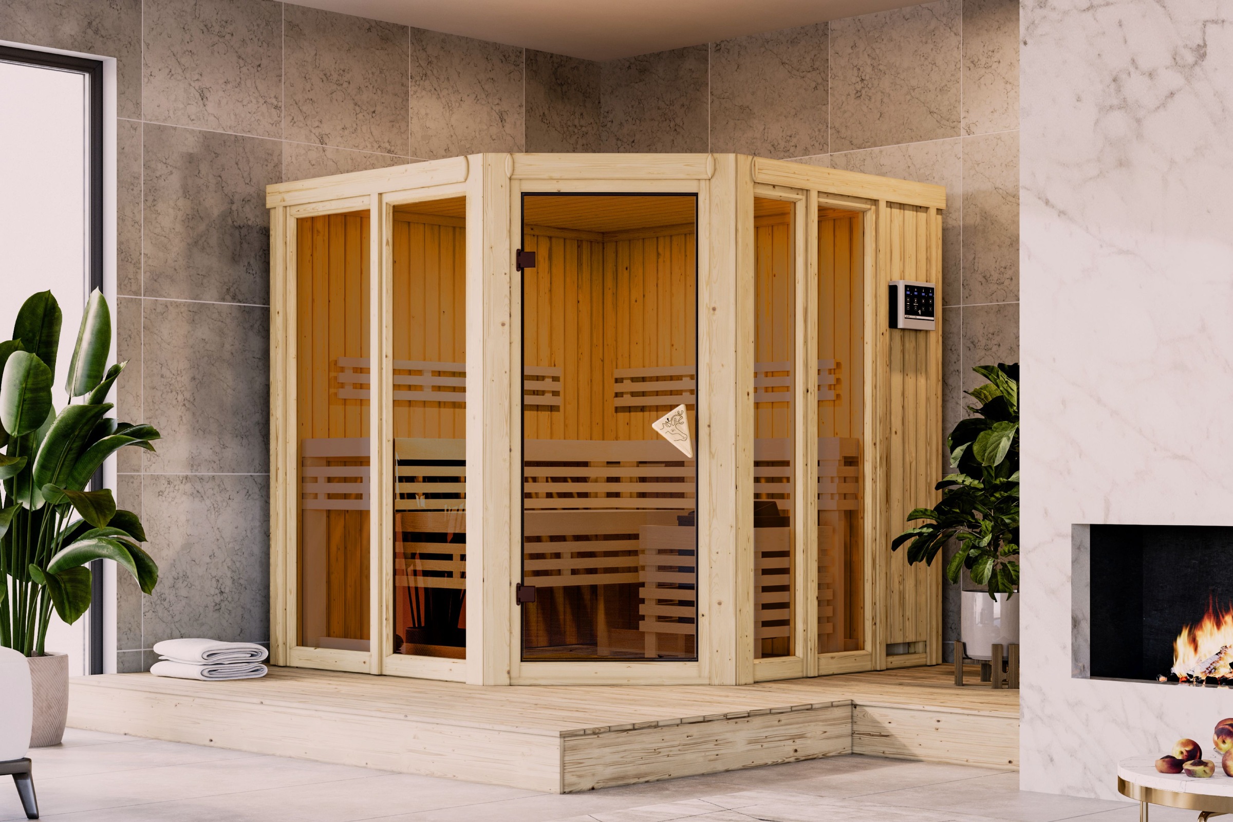 KARIBU Sauna ""Airia" naturbelassen", Bio-Kombiofen, externe Steuerung, 400 kW, beige, Saunen, aus hochwertiger nordischer Fichte