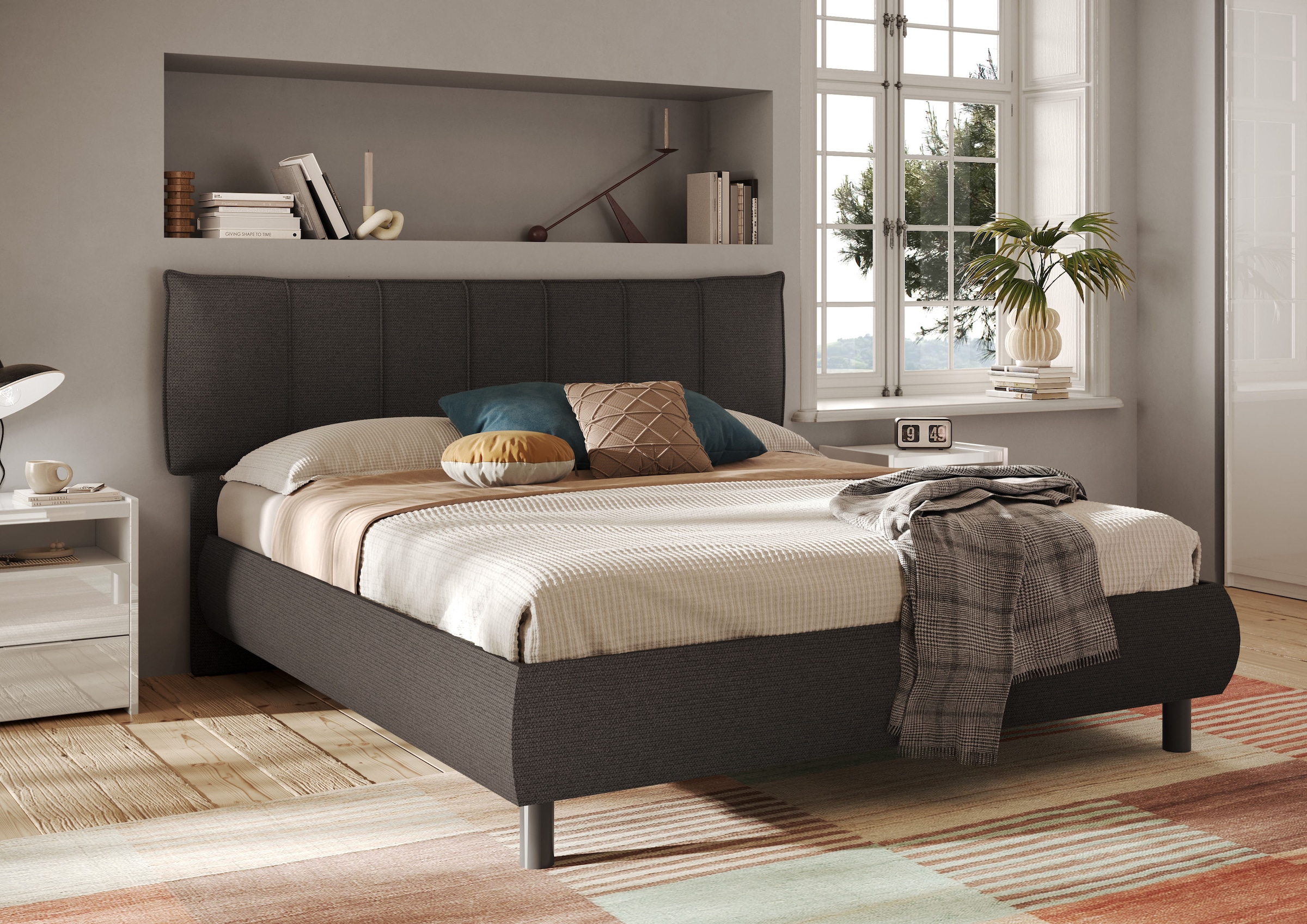 INOSIGN Polsterbett »HUG, Bettgestell Liegefläche 180x200 cm, Doppelbett,«, Kopfteil gepolstert, Bettrahmen gebogen, Stoff Rauchgrau