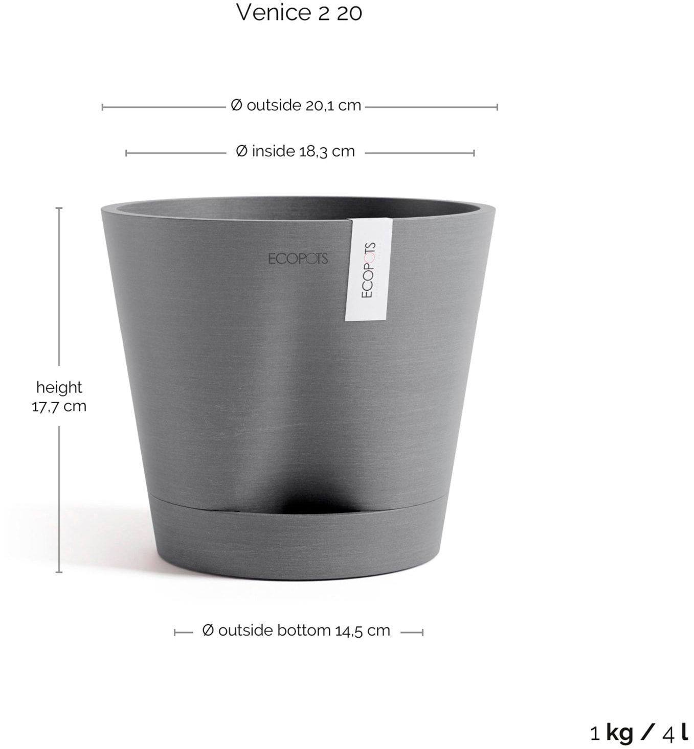 ECOPOTS Blumentopf »Venice 2 20 Grau«, für den Innenbereich