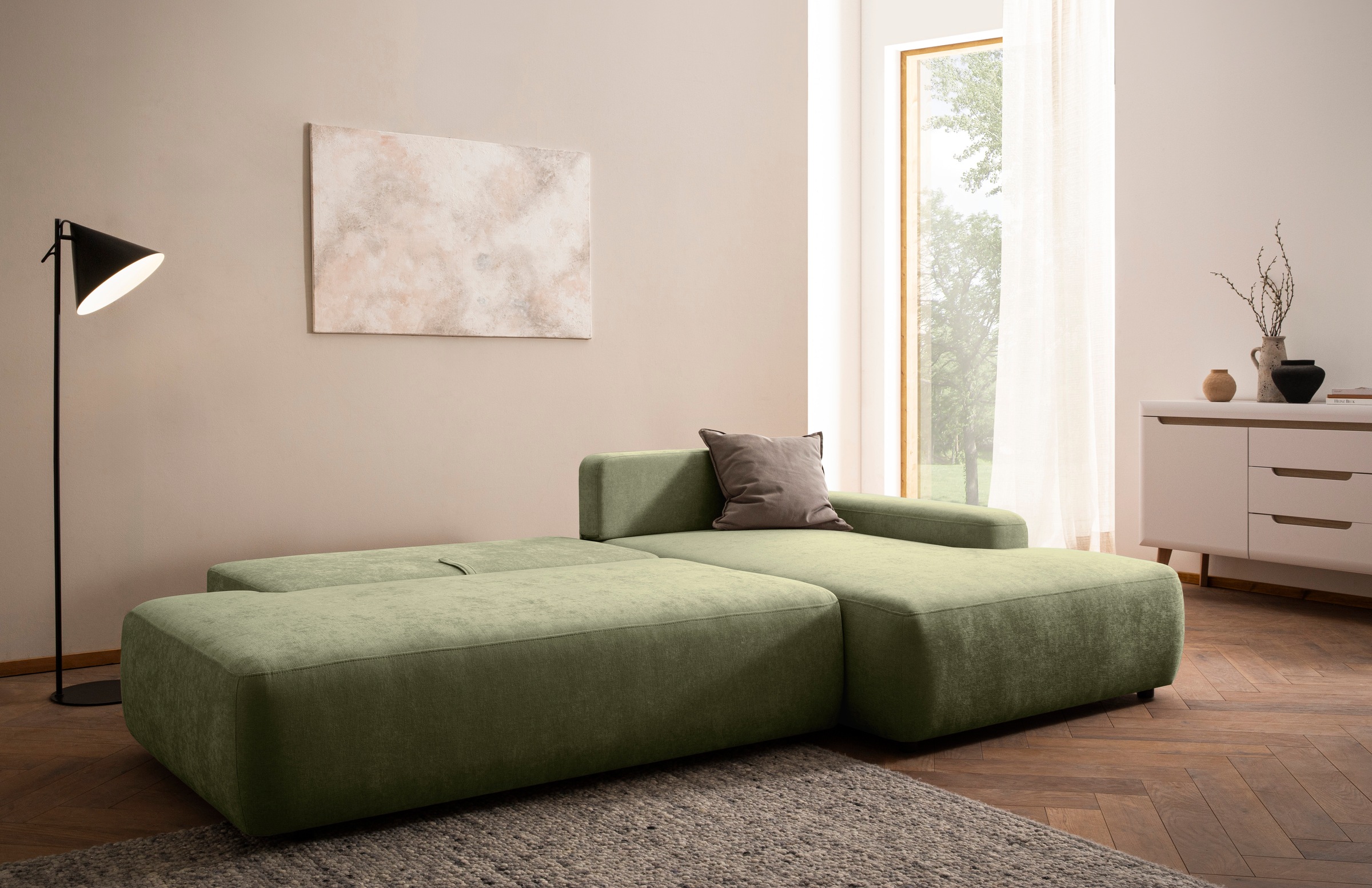 INOSIGN Ecksofa »TORGE, Schlafsofa Cord, Samtvelours u. Strukur fein, Couch in L-Form«, Schlaffunktion und Bettkasten, Liegefläche: 210x125 cm, neues Design