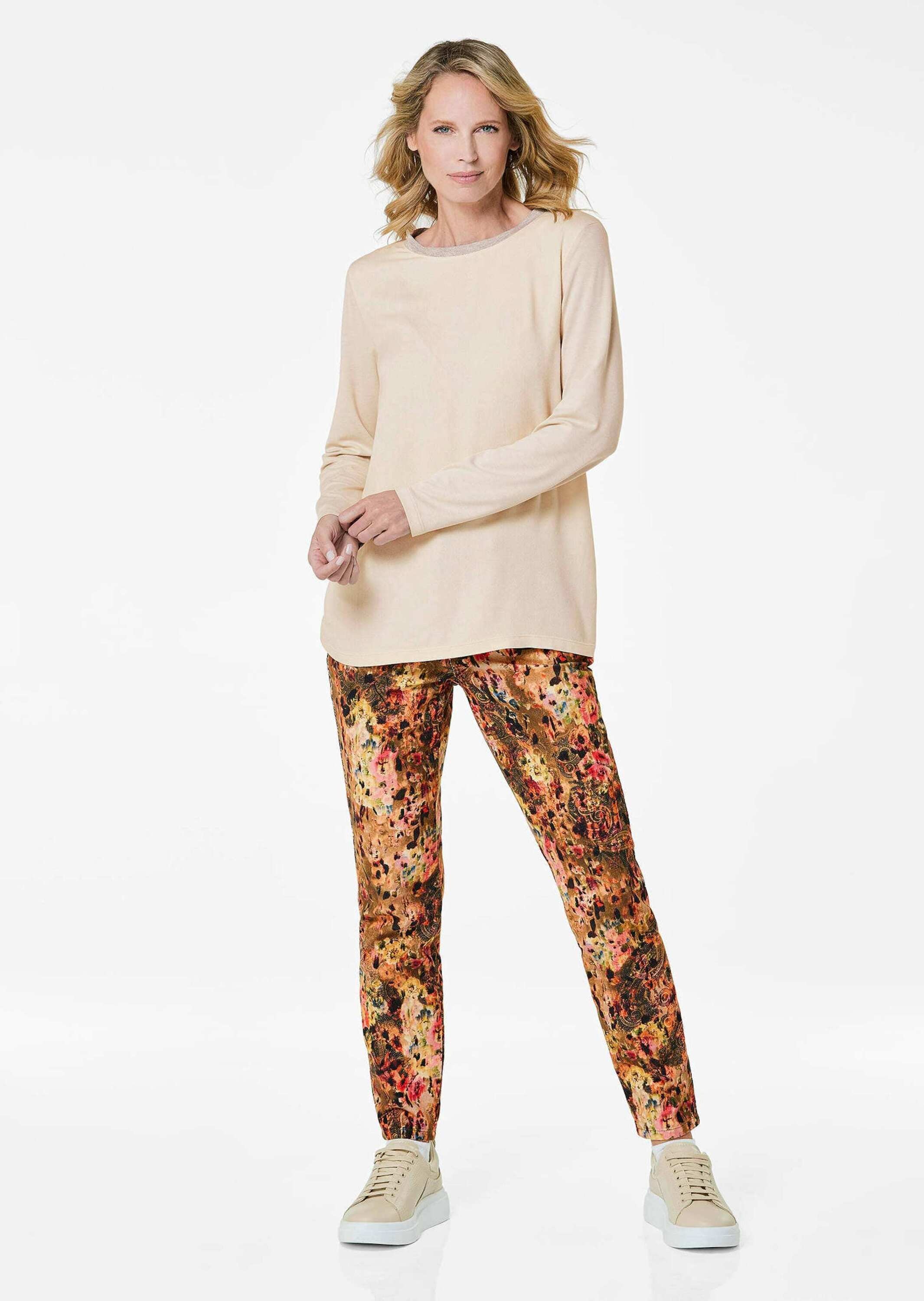 Kurzarmbluse GOLDNER "Schlichtes Langarmshirt mit Glanz", Damen, Gr. 40, beige (cremeweiß), Obermaterial: 100% Viskose CV., figurumspielend, Sonstiges, Blusen, Glanzgarn 3
