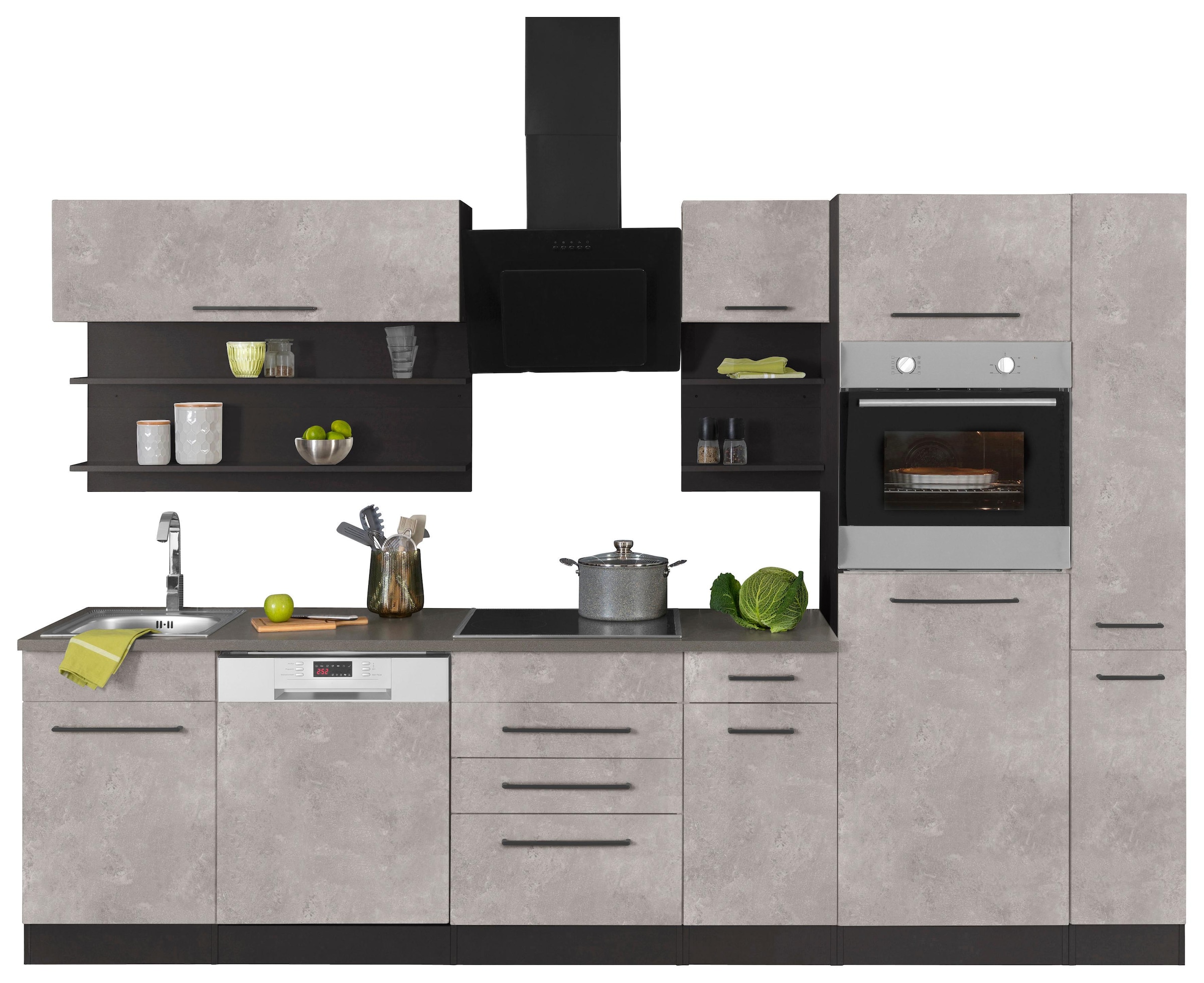 KOCHSTATION Küchenzeile »KS-Tulsa«, ohne E-Geräte, Breite 300 cm, schwarze Metallgriffe, MDF Fronten