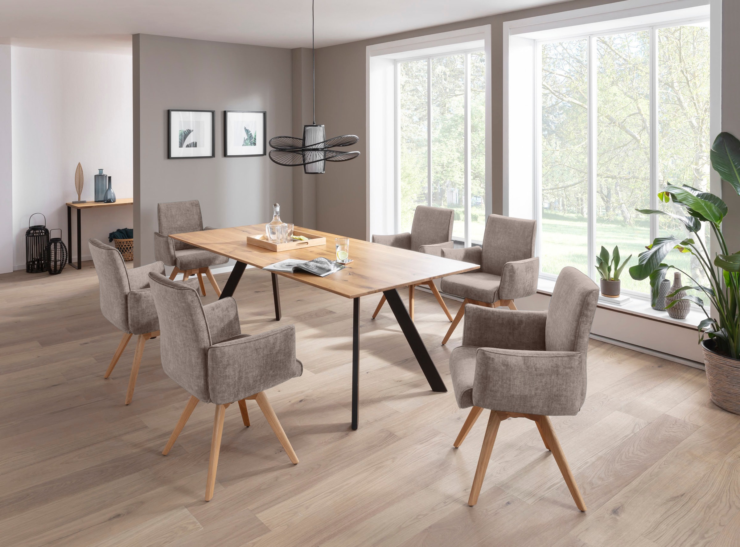 K+W Komfort & Wohnen Drehstuhl, Flachgewebe H2O 660, Armlehnenstuhll mit 360° Drehfunktion massives Holzuntergestell