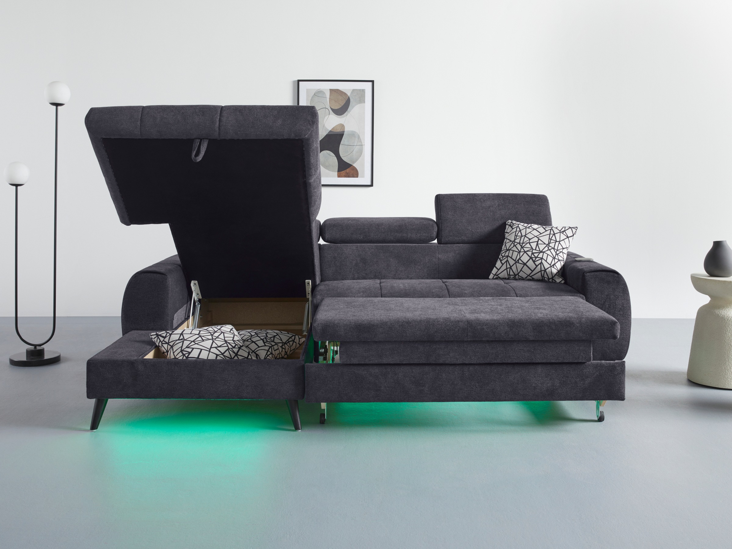 COTTA Ecksofa »Mia L-Form mit 3 Zierkissen«, wahlweise mit Bettfunktion, Bettkasten, Beleuchtung & Wireless-Charger