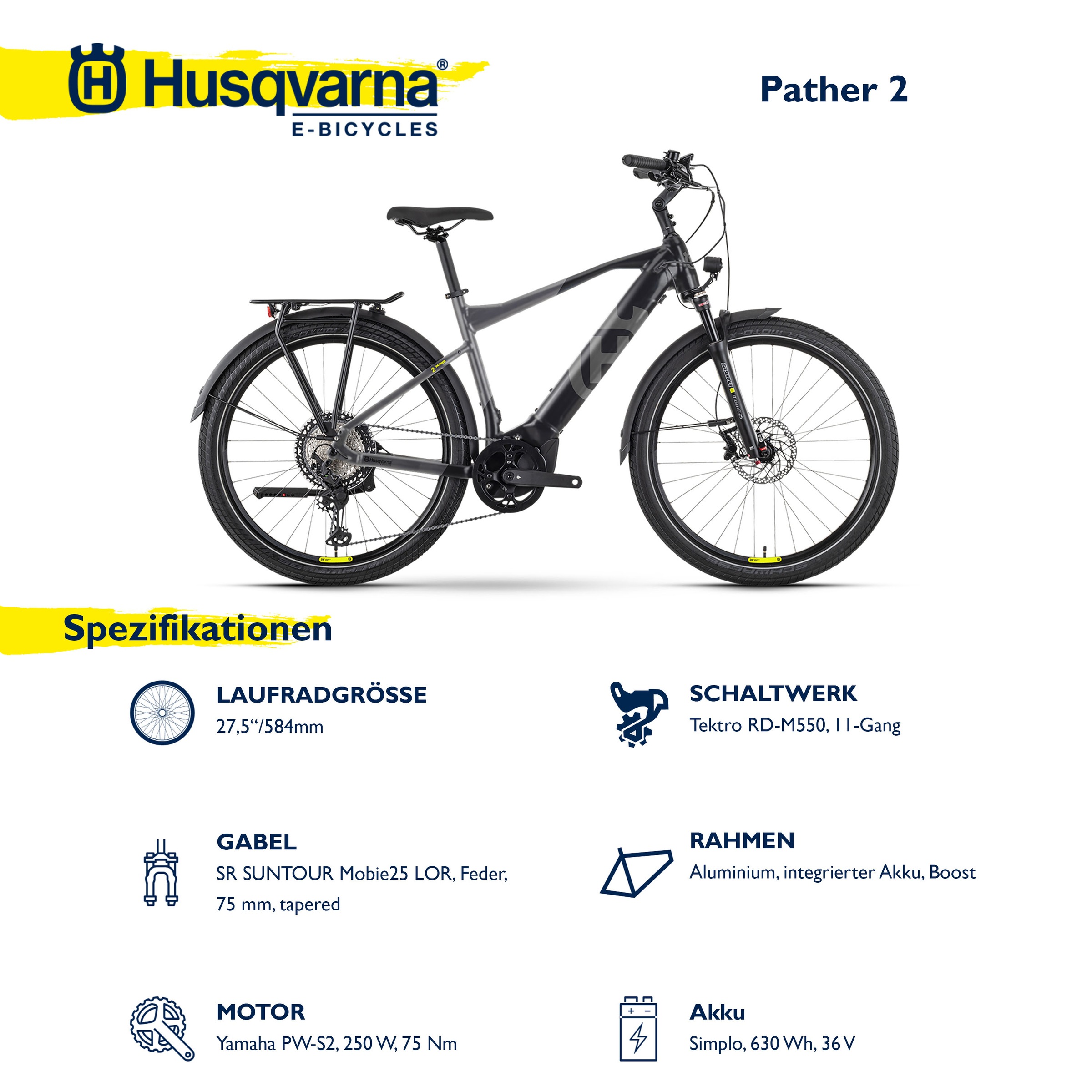 Husqvarna E-BICYCLES E-Bike »E-Trekkingbike Pather 2 Herren«, 11 Gang, Tektro, RD-M550, Mittelmotor 250 W, (27,5 Zoll, Yamaha Motor, Scheibenbremsen, mit Straßenzulassung), Pedelec, Elektrofahrrad für Herren, Trekkingrad