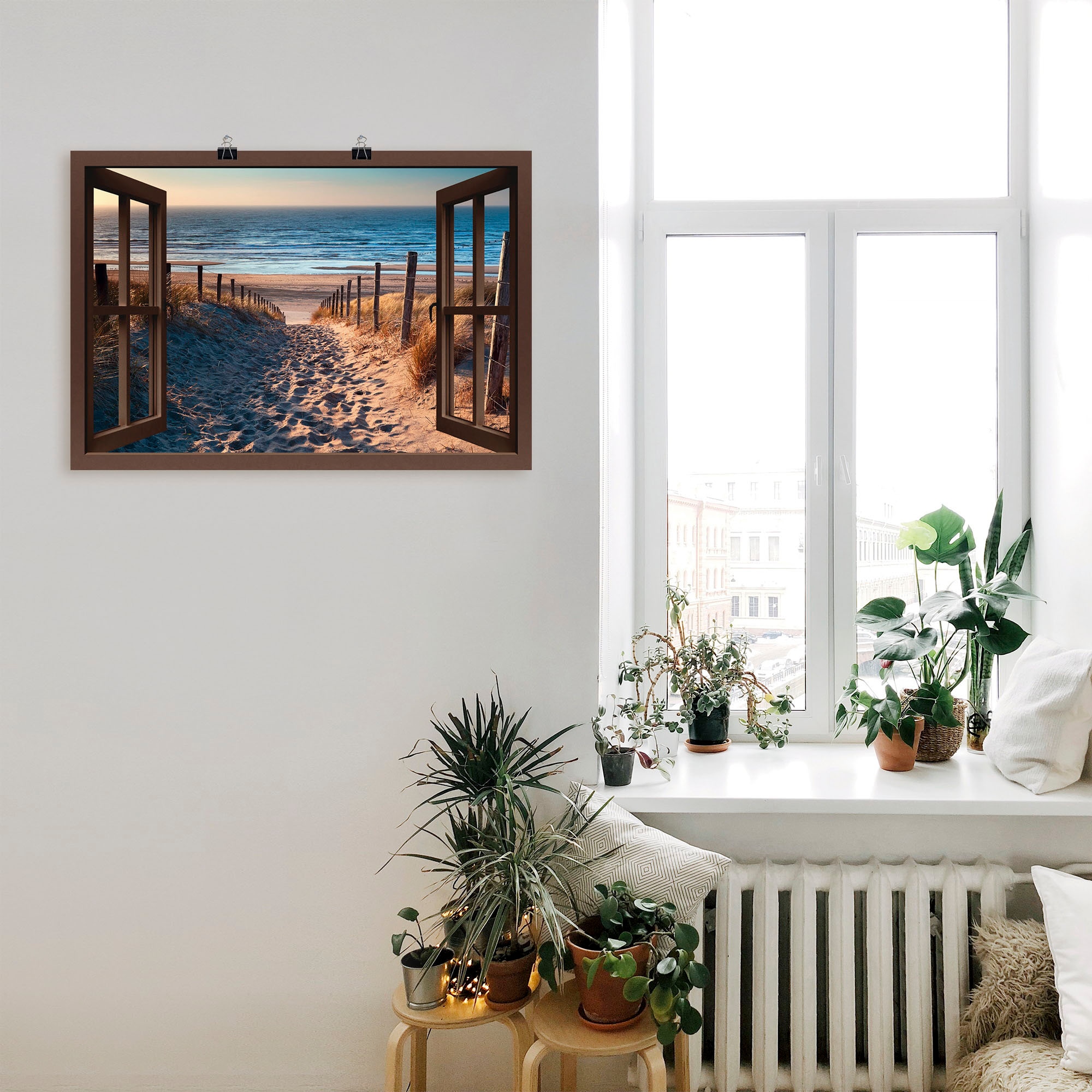 Artland Wandbild »Fensterblick Weg zum Nordseestrand«, Strand, (1 St.), als Leinwandbild, Poster, Wandaufkleber in verschied. Größen