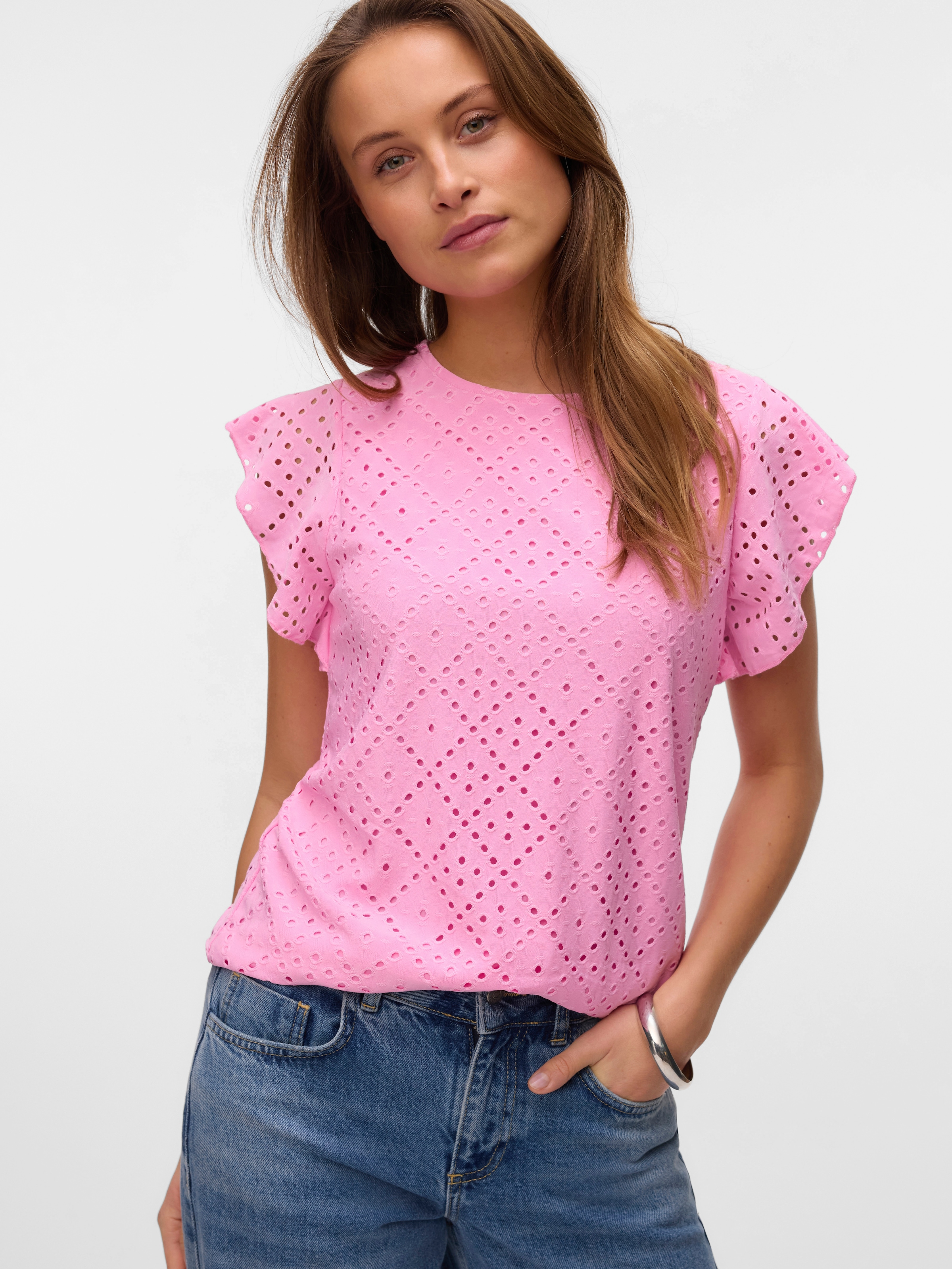 Vero Moda Rundhalsshirt "VMTASSA SL FRILL TOP NOOS" Materialmix, loose fit günstig online kaufen