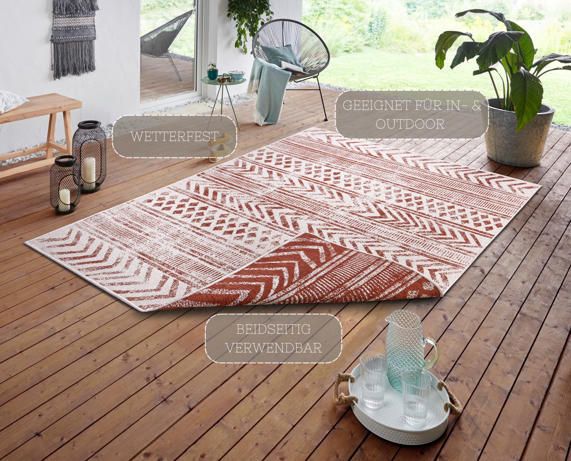 NORTHRUGS Teppich »BIRI Wendeteppich«, rechteckig, In-& Outdoor, Wetterfest, Balkon, Garten, Wohnzimmer, Wasserfest, Boho