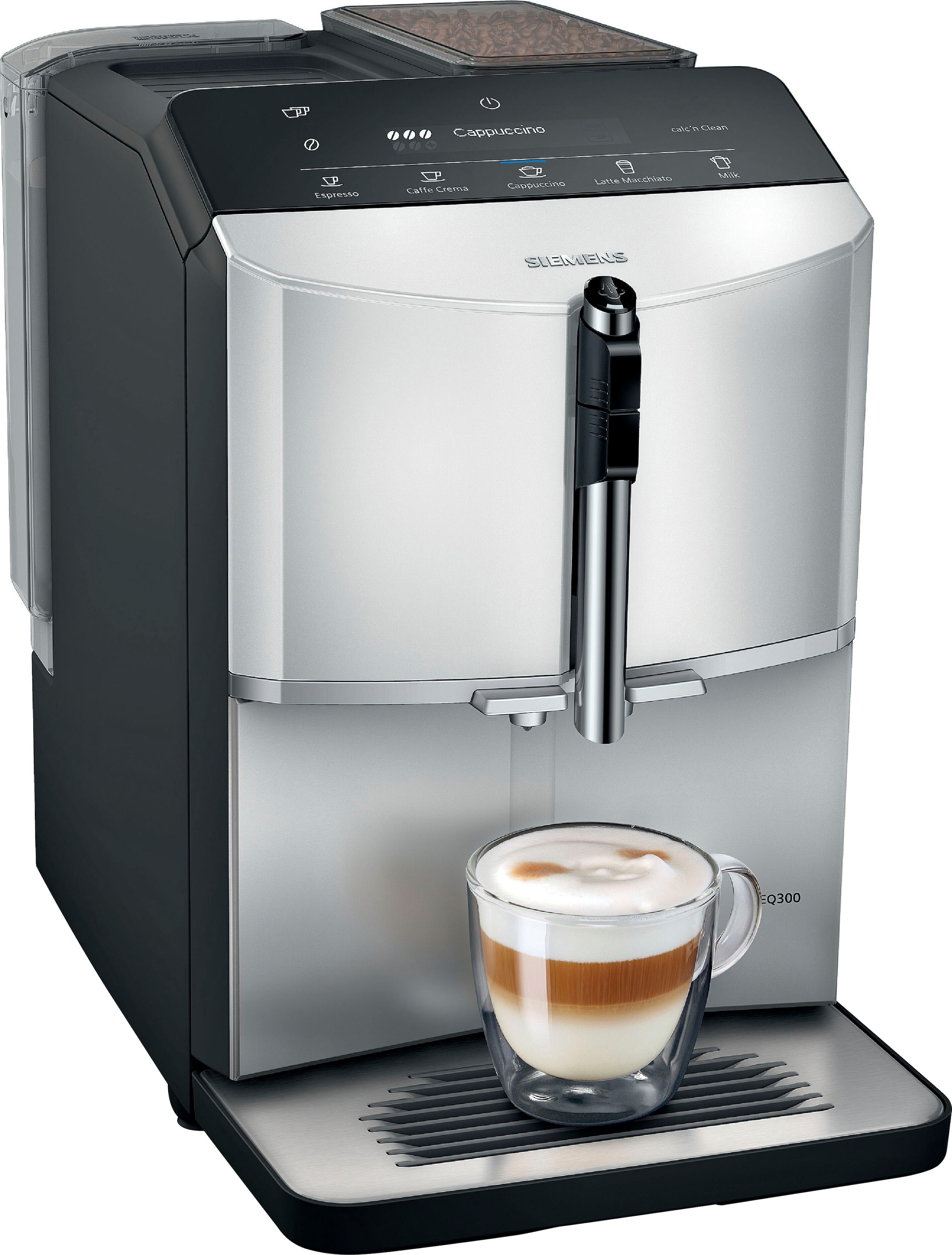 SIEMENS Kaffeevollautomat »EQ300 TF303E01, viele Kaffeespezialitäten, OneTouch-Funktion«, benutzerfreundliches Display, Keramikmahlwerk, daylight silber