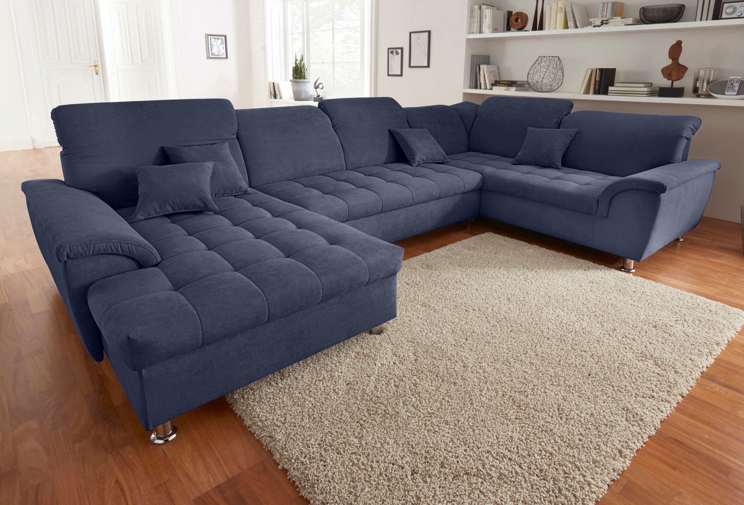 DOMO collection Wohnlandschaft "FRANZI optional mit Bettfunktion, Bettkasten & Kopfteilverstellung" U-Form, Recamiere links, marine, B/T: 352/214 cm