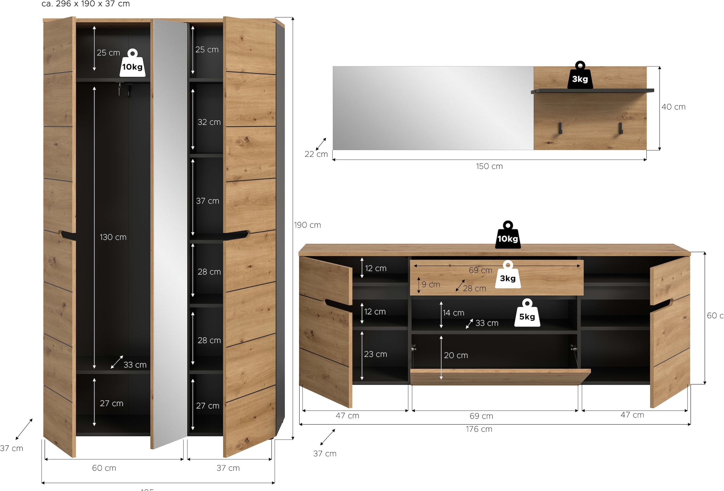 Home affaire Garderoben-Set »REHAT, TOPSELLER!, 3-teilig, Breite 296 cm, individuell stellbar« Set, best. aus: Garderobenschrank, Hängeschrank & Garderobenpaneel, 3 Stk. tlg.