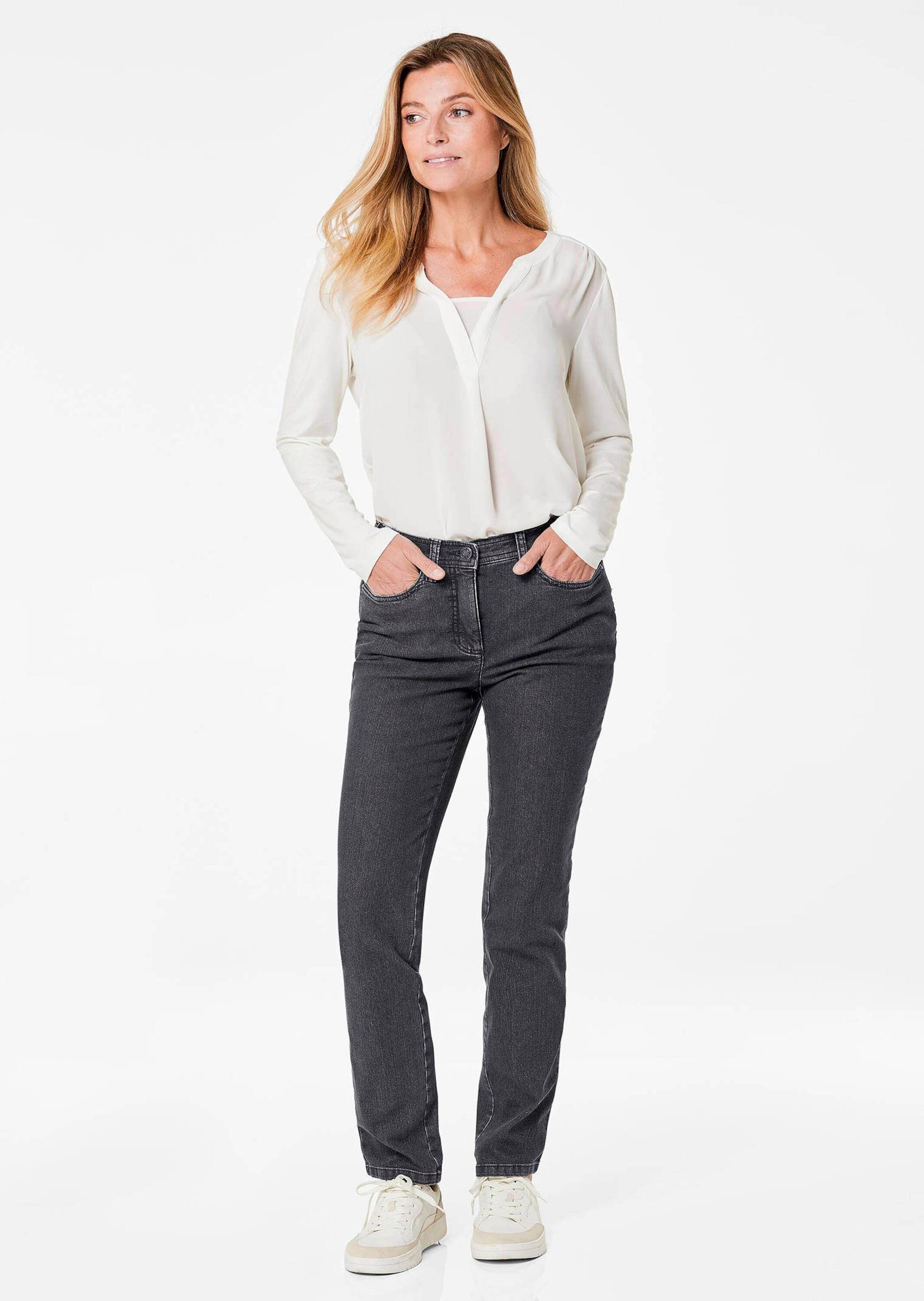Regular-fit-Jeans GOLDNER "Klassische Jeanshose Carla", Damen, Gr. 44, N-Gr, grau (anthrazit), Obermaterial: 78% Baumwolle CO. 20% Polyester PES. 2% Elasthan EL., Jeans 2