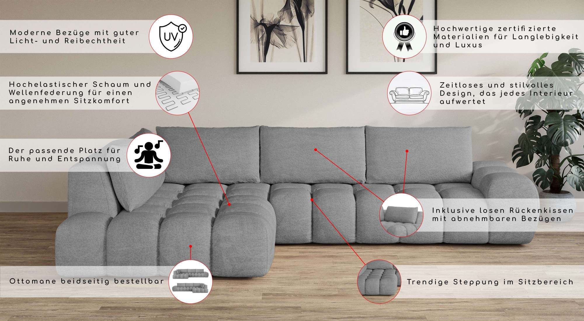 INOSIGN Ecksofa »AZITA klein, L-Form, elegant und bequem Designsofa«, lose Rückenkissen, traumhafte Steppung, Maße B/T/H: 296/176,5/89 cm