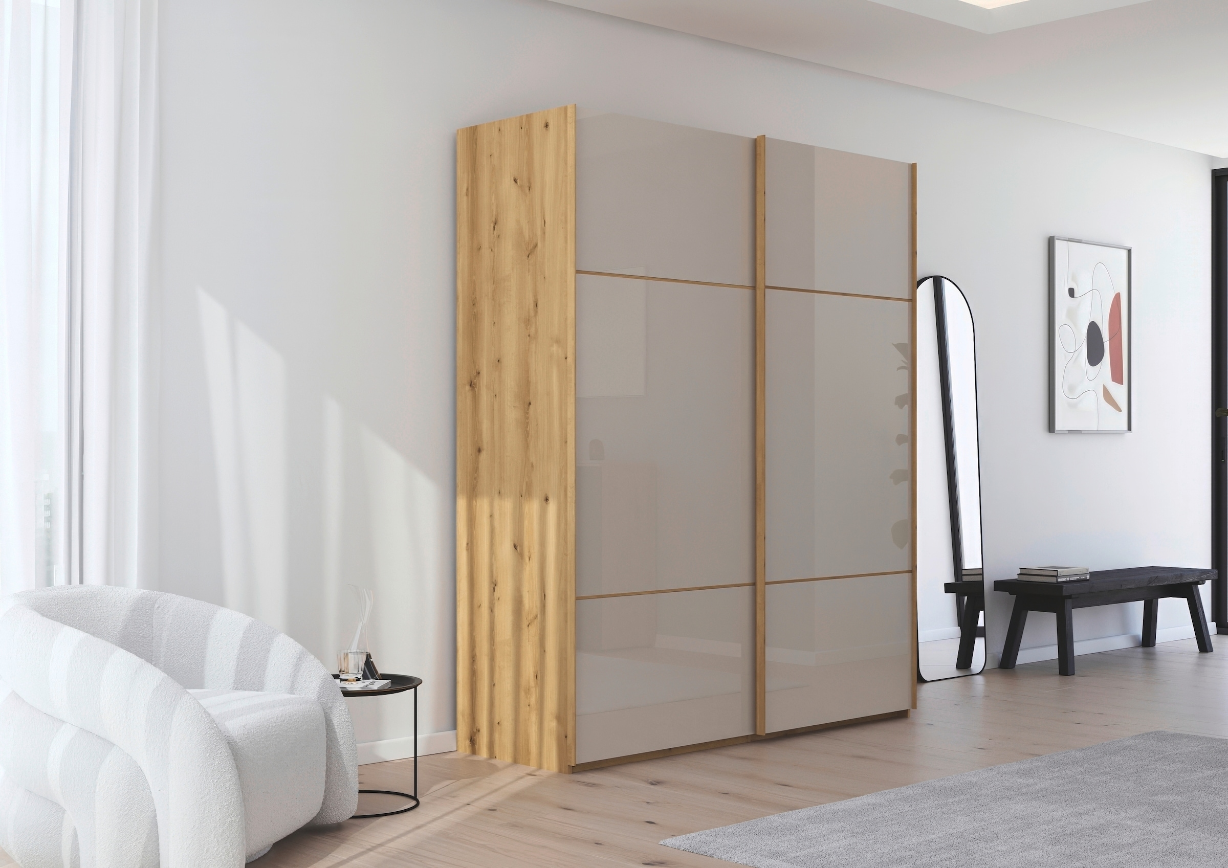 rauch Schwebetürenschrank »Kleiderschrank Schrank Garderobe Schlafzimmerschrank SCALE-TRIO« edle dreigeteilte Front mit 2 Zierleisten Glasfront MADE IN GERMANY