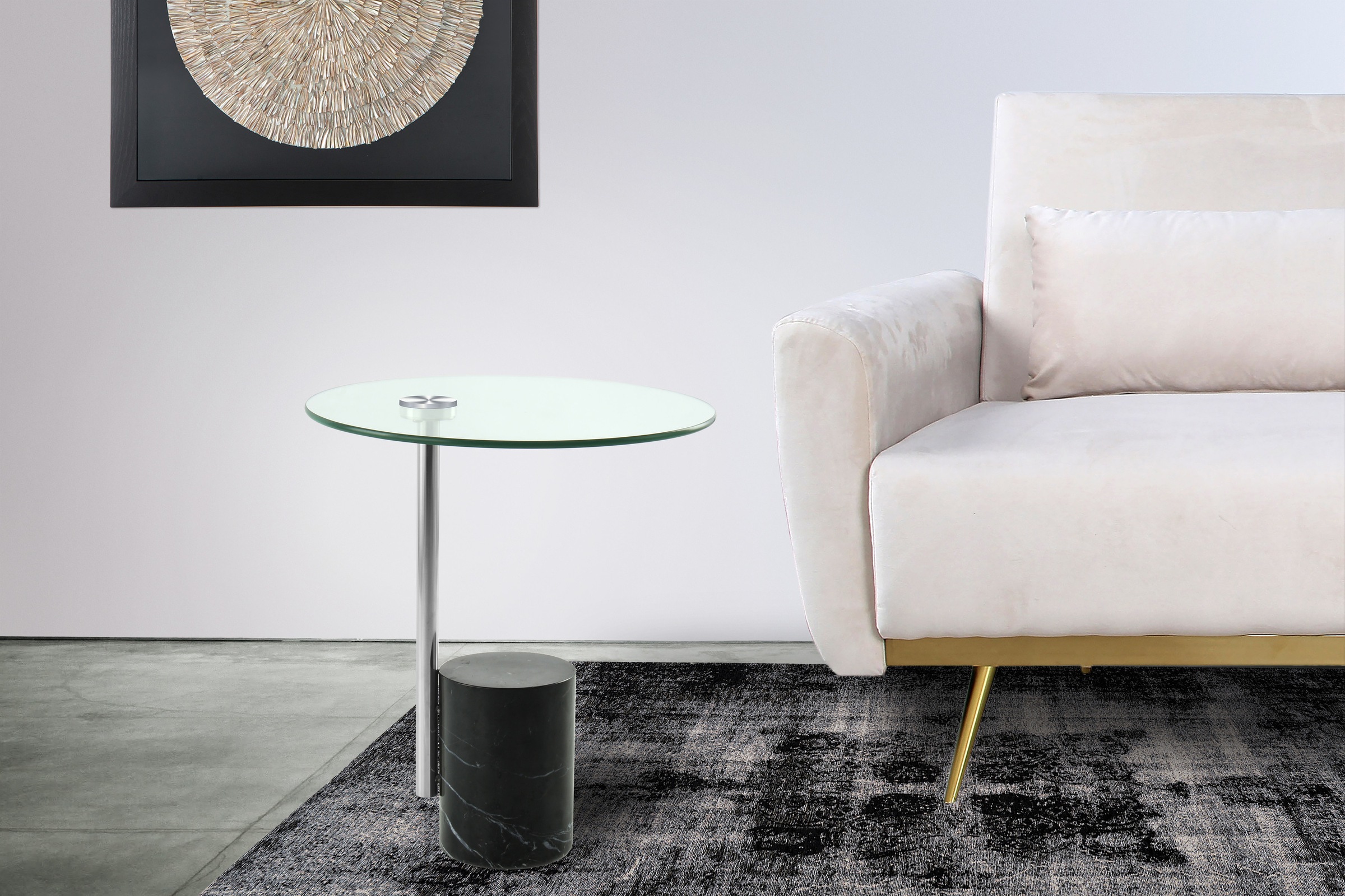 Kayoom Beistelltisch »Rosario 525, Beistelltisch in glamourösem Stil,runde Glas-Tischplatte«, (1 St.), Tischgestell in Metall-Marmor-Kombination, Sockel Ø 17 cm
