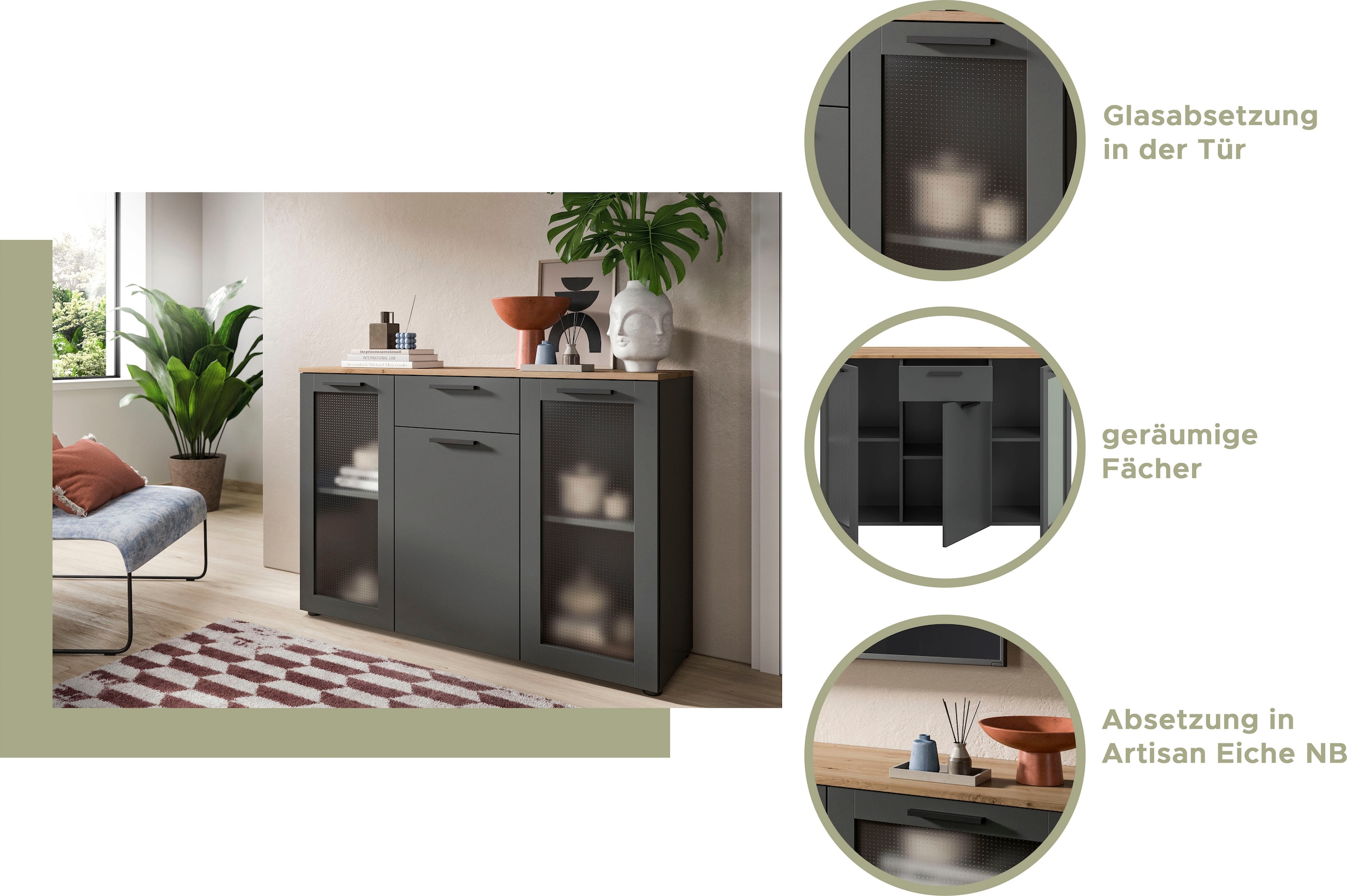 INOSIGN Sideboard »SALKIN, Breite 120cm, 3 Türen (2 mit ESG-Ornamentglas), 1 Schubkasten,«, Anrichte, Schrank, Kommode,Vitrine, Vitrinenschrank Wohnmöbel
