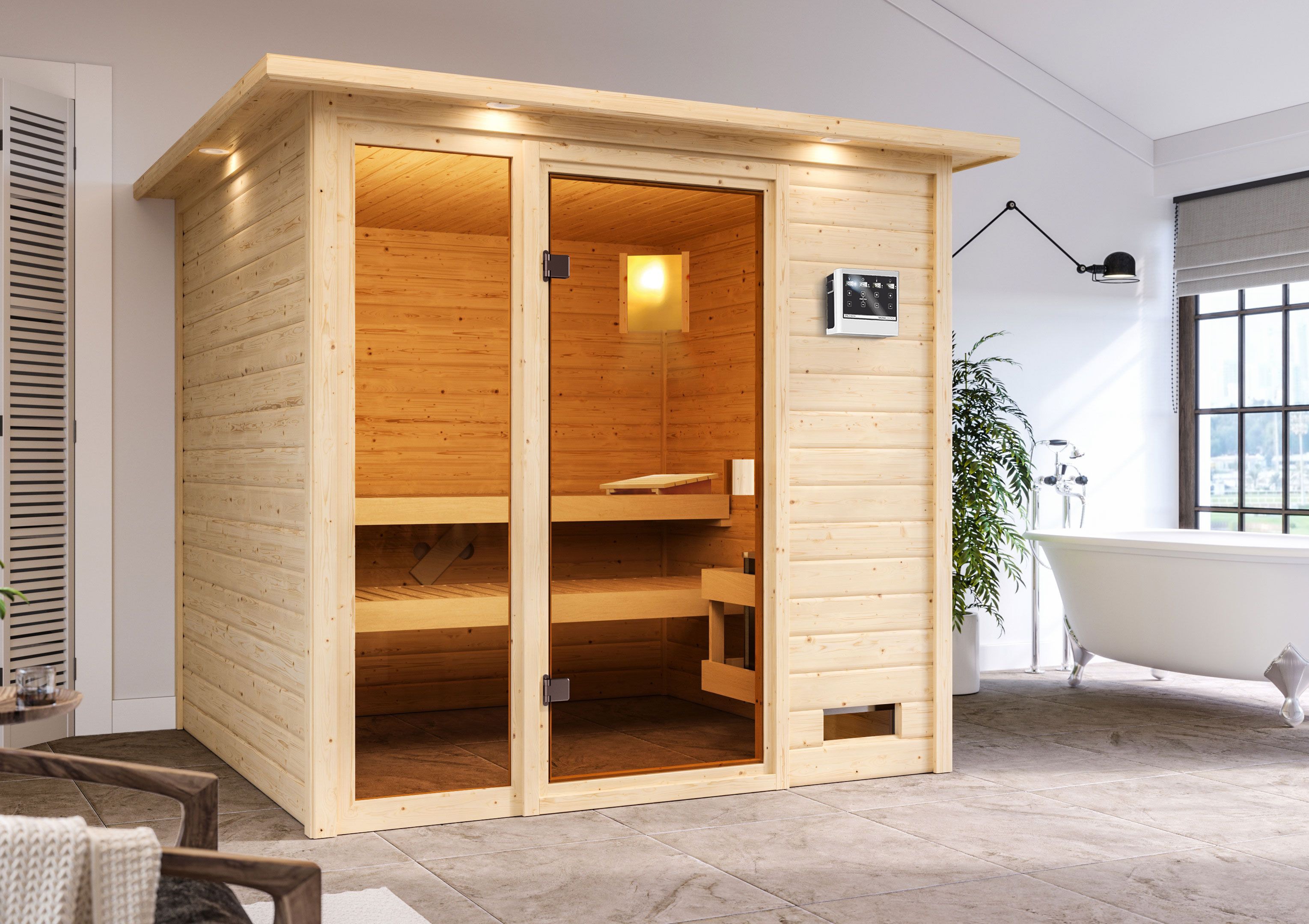 Karibu Sauna ""Jackie" mit bronzierter Tür und Kranz, naturbelassen" aus hochwertiger nordischer Fichte