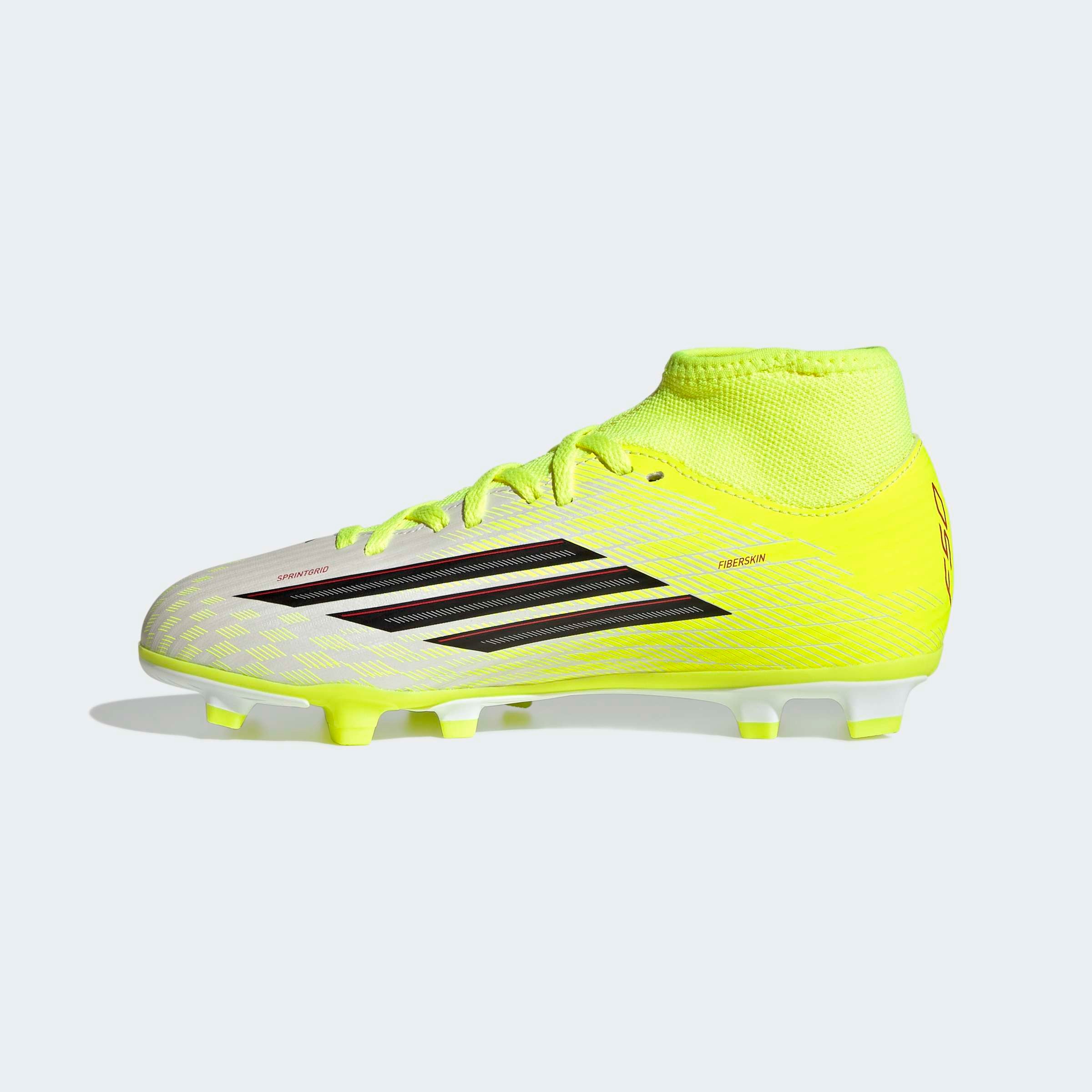 Fußballschuh ADIDAS PERFORMANCE "F50 CLUB MID FIRM GROUND/MULTI GROUND KIDS", Mädchen, Gr. 32, team solar gelb 2, core schwarz, lucid rot, Synthetik, Textil, Schuhe Fußballschuh, für viele verschiedene Böden geeignet, für Kinder & Jugendliche 2