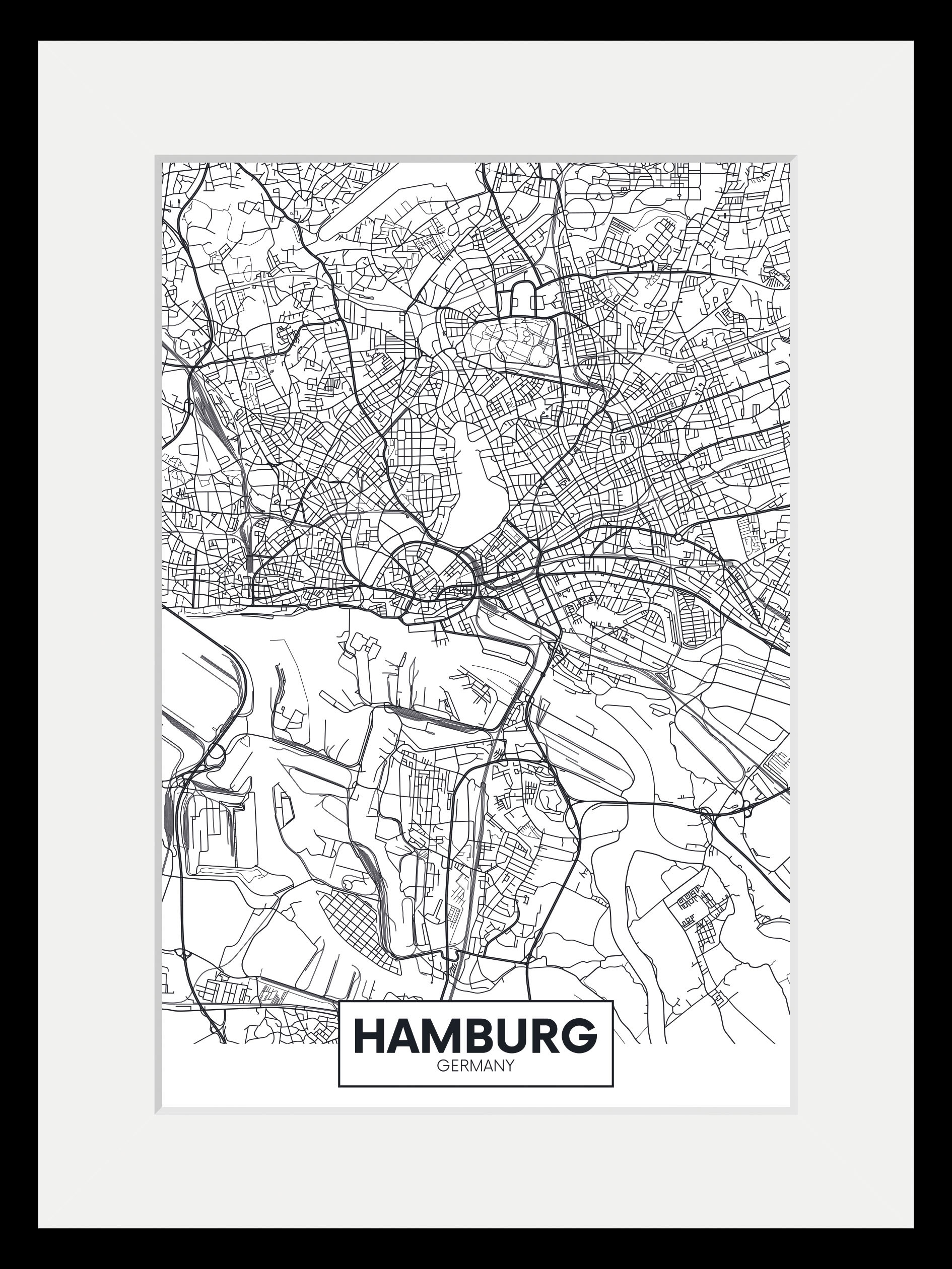queence Bild »Hamburg Stadtkarte«, Städte-Stadt-Deutschland-Gebäude-Schriftzug-Hamburg, (1 St.), HD Premium Poster-Druck inkl. Holzrahmen