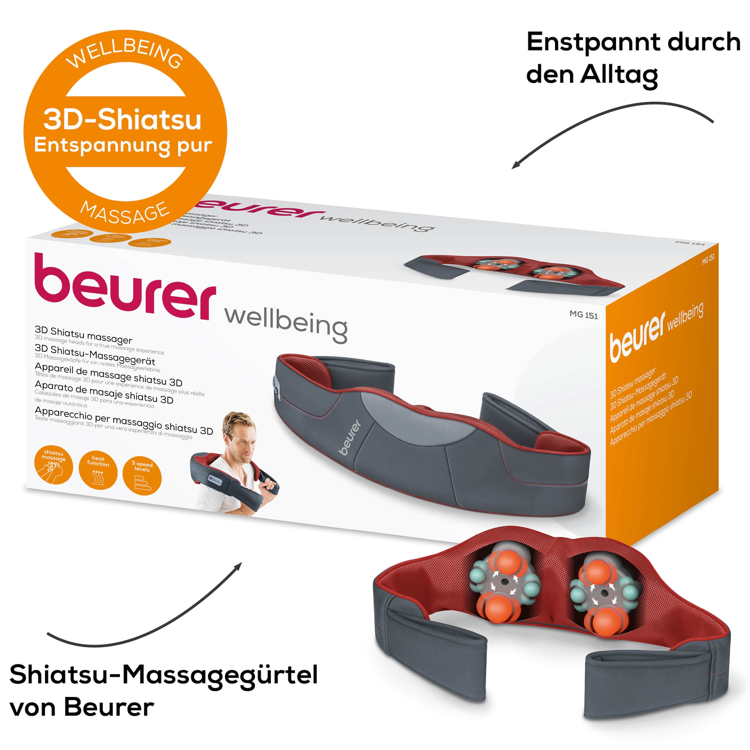 BEURER Shiatsu-Massagegerät »MG 151 für ein reales Massageerlebnis durch 3D Rückenmassage«, Mit Licht- und Wärmefunktion, 3 Intensitätsstufen, Abschaltautomatik