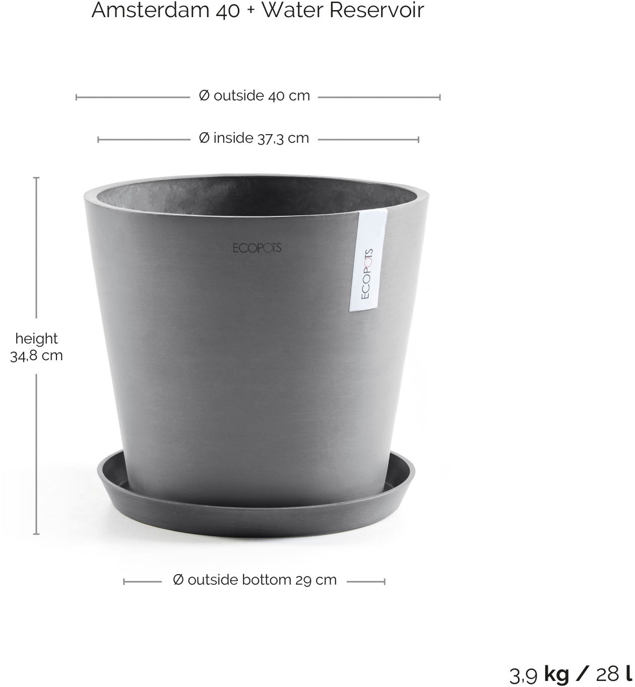 ECOPOTS Blumentopf »AMSTERDAM Grey« BxTxH: 40x40x35 cm, mit Wasserreservoir