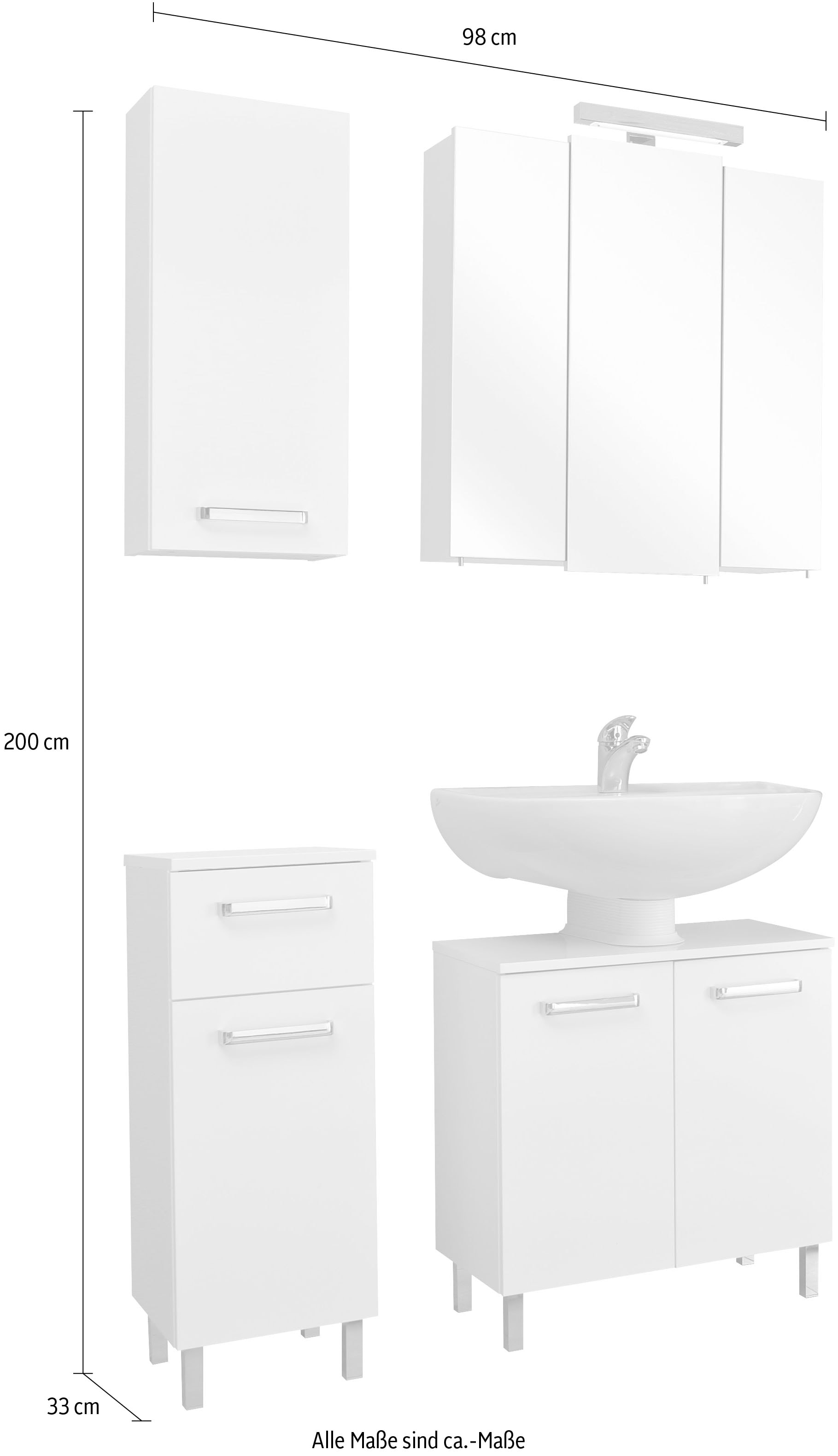 Saphir Badmöbel-Set »Quickset 4-teilig, Waschbeckenunterschrank mit LED-Spiegelschrank«, (4 St.), Unterschrank, Hängeschrank, inkl. Türdämpfer, Griffe Chrom Glanz