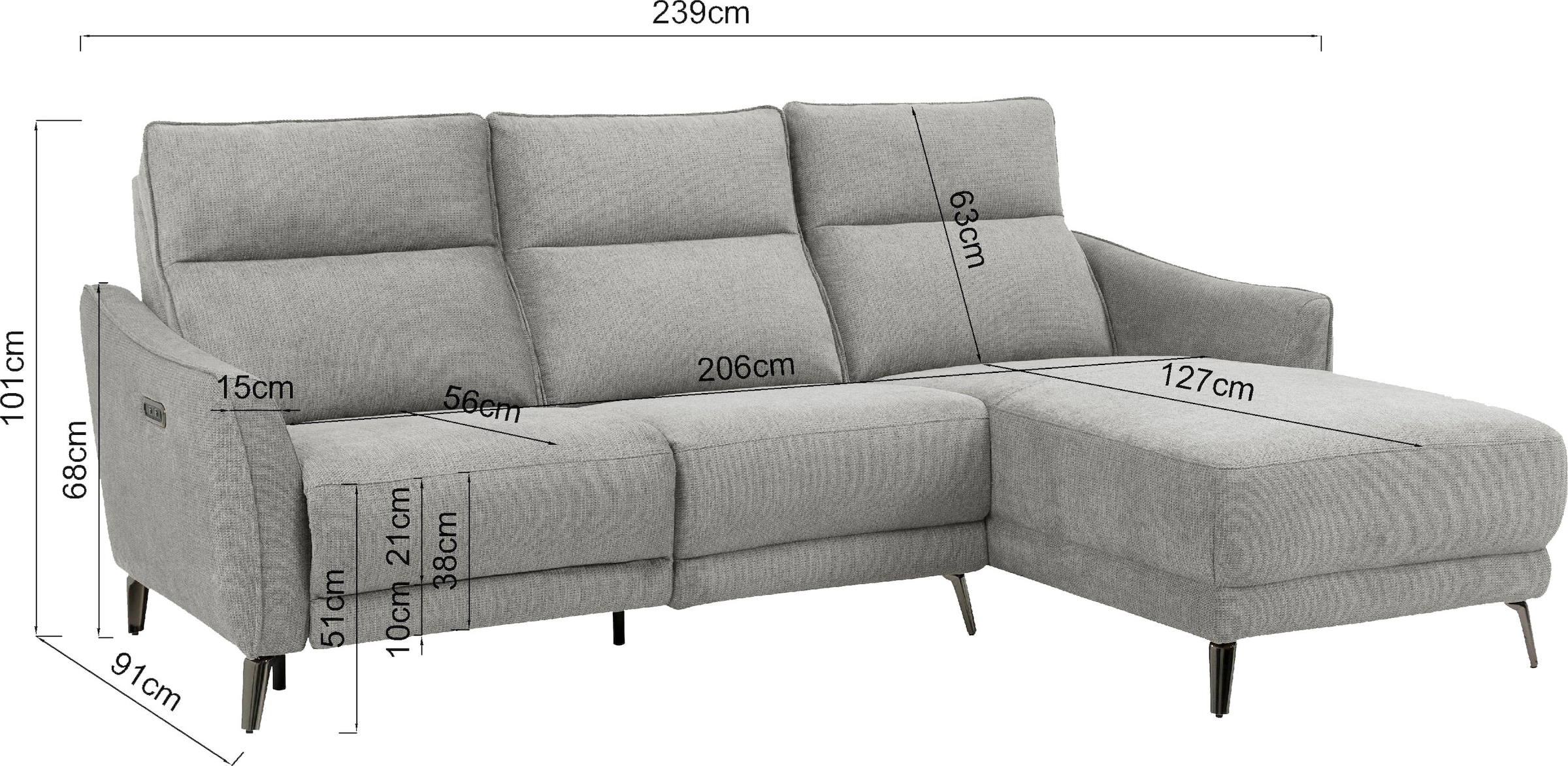 INOSIGN Ecksofa »TAYLER 3-Sitzer, L-Form (Breite 239cm), elektr. Relaxfunktion, USB A/C«, und Recamiere, Liegefunktion durch Recliner, Federkernpolsterung