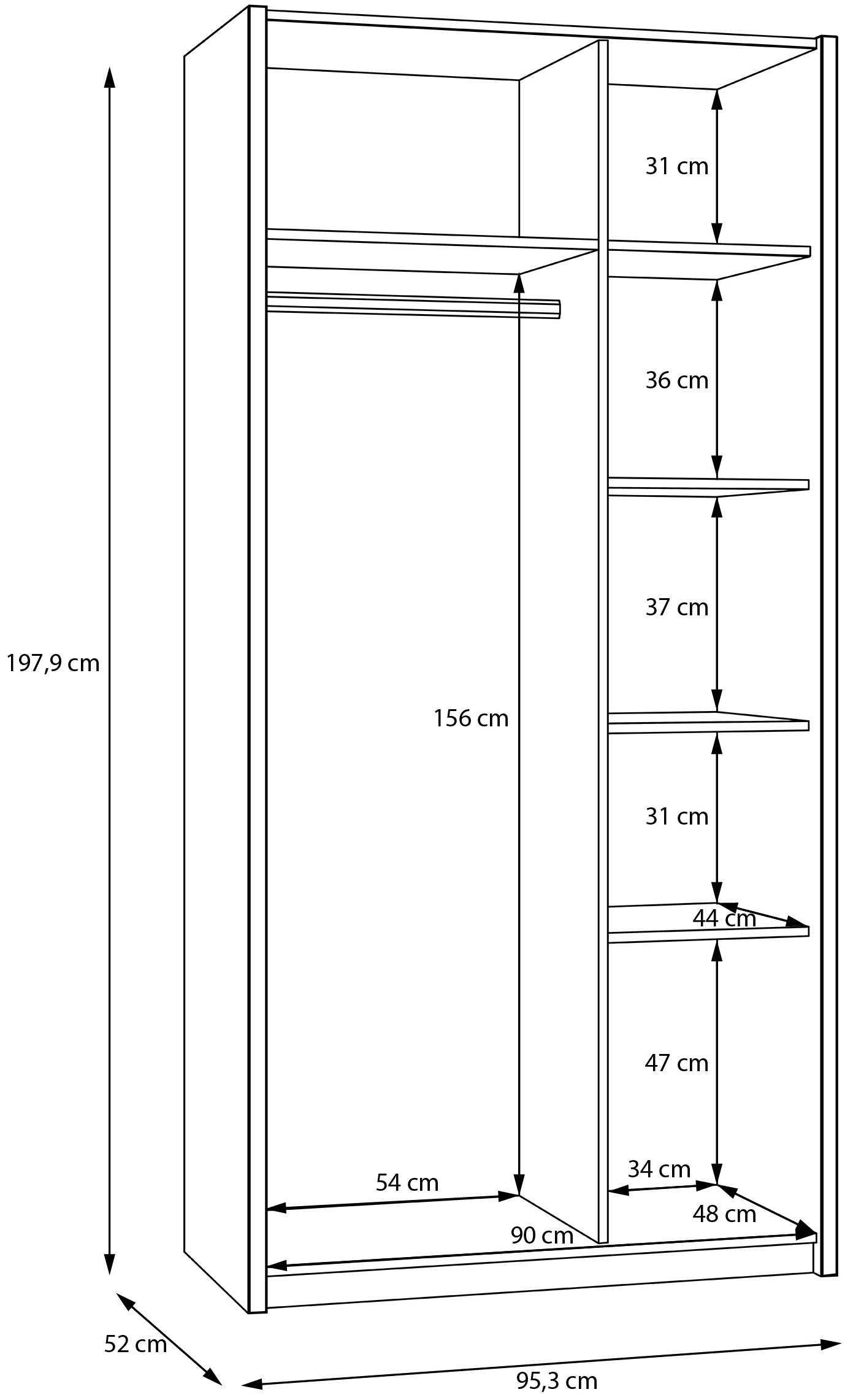 FORTE Kleiderschrank »Oak Square«, (B/H/T ca. 95,3x197,9x52 cm), Kleiderschrank, Beleuchtung, grifflos, Soft Close
