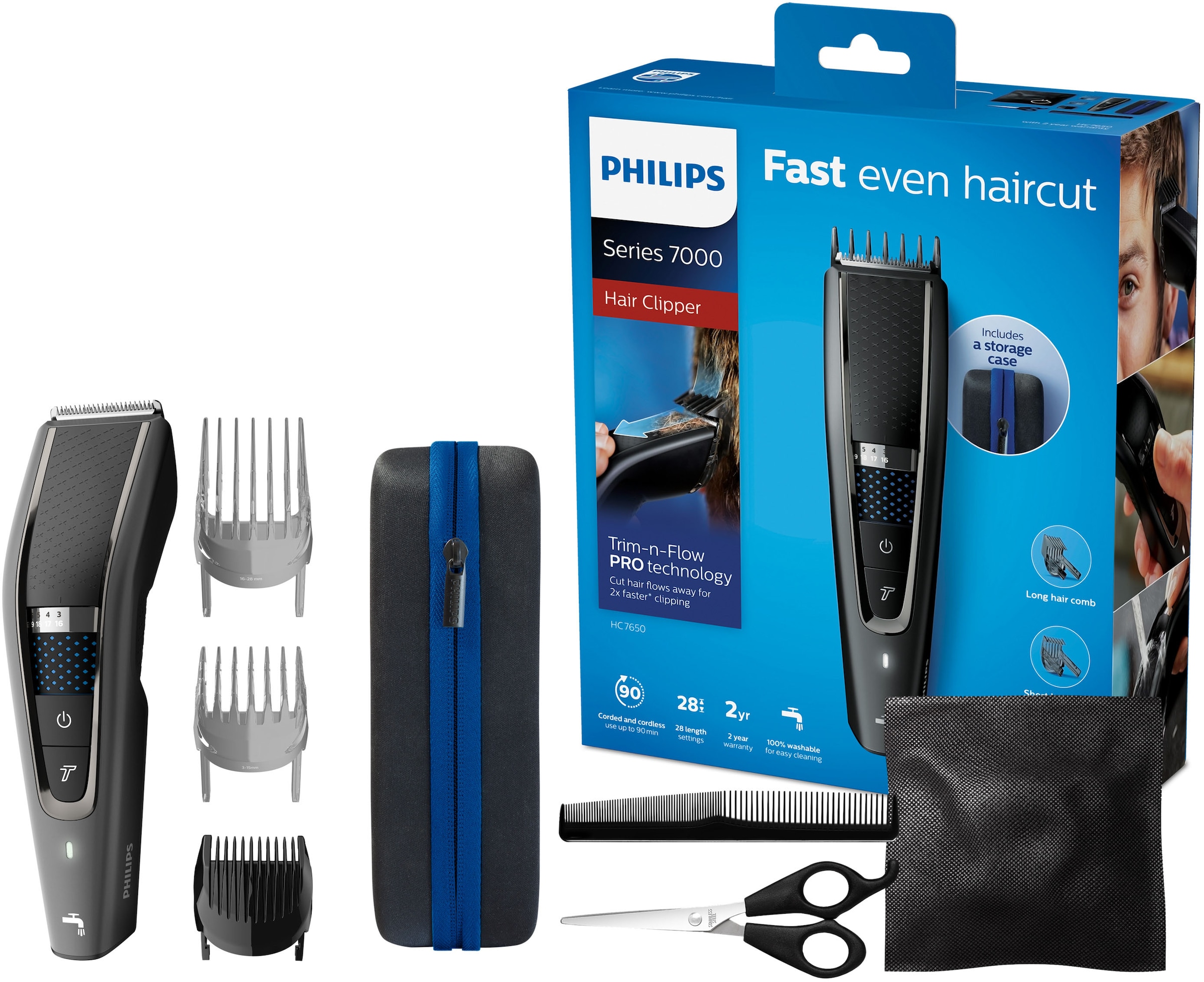 PHILIPS Haarschneider "Series 7000 HC7650/15", grau, Haarschneider, inklusive Friseur-Set, Trim-n-Flow Pro