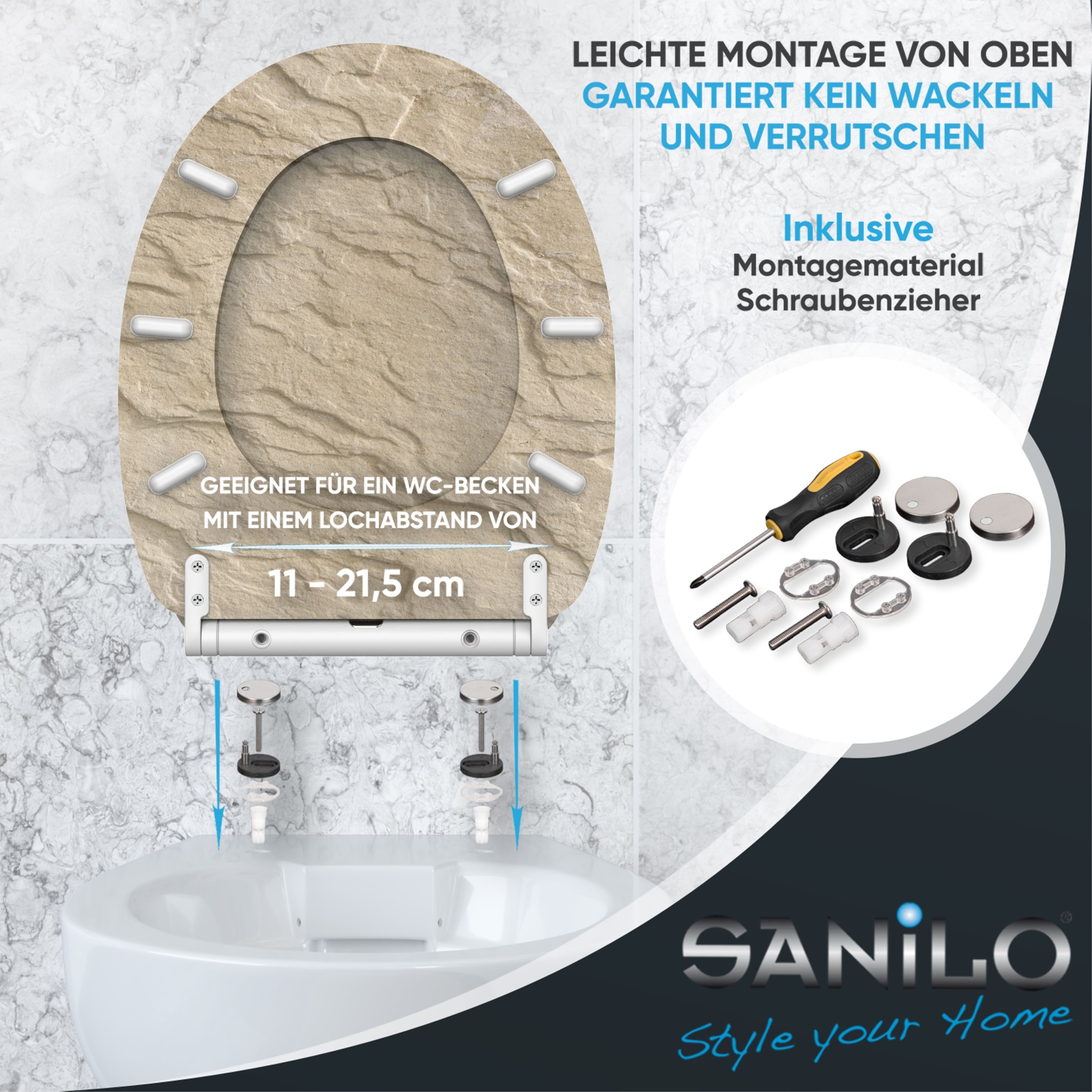 Sanilo WC-Sitz »Sand Stone mit Absenkautomatik & Quick Release« Premium Toilettendeckel, abnehmbar, leichte Montage von oben