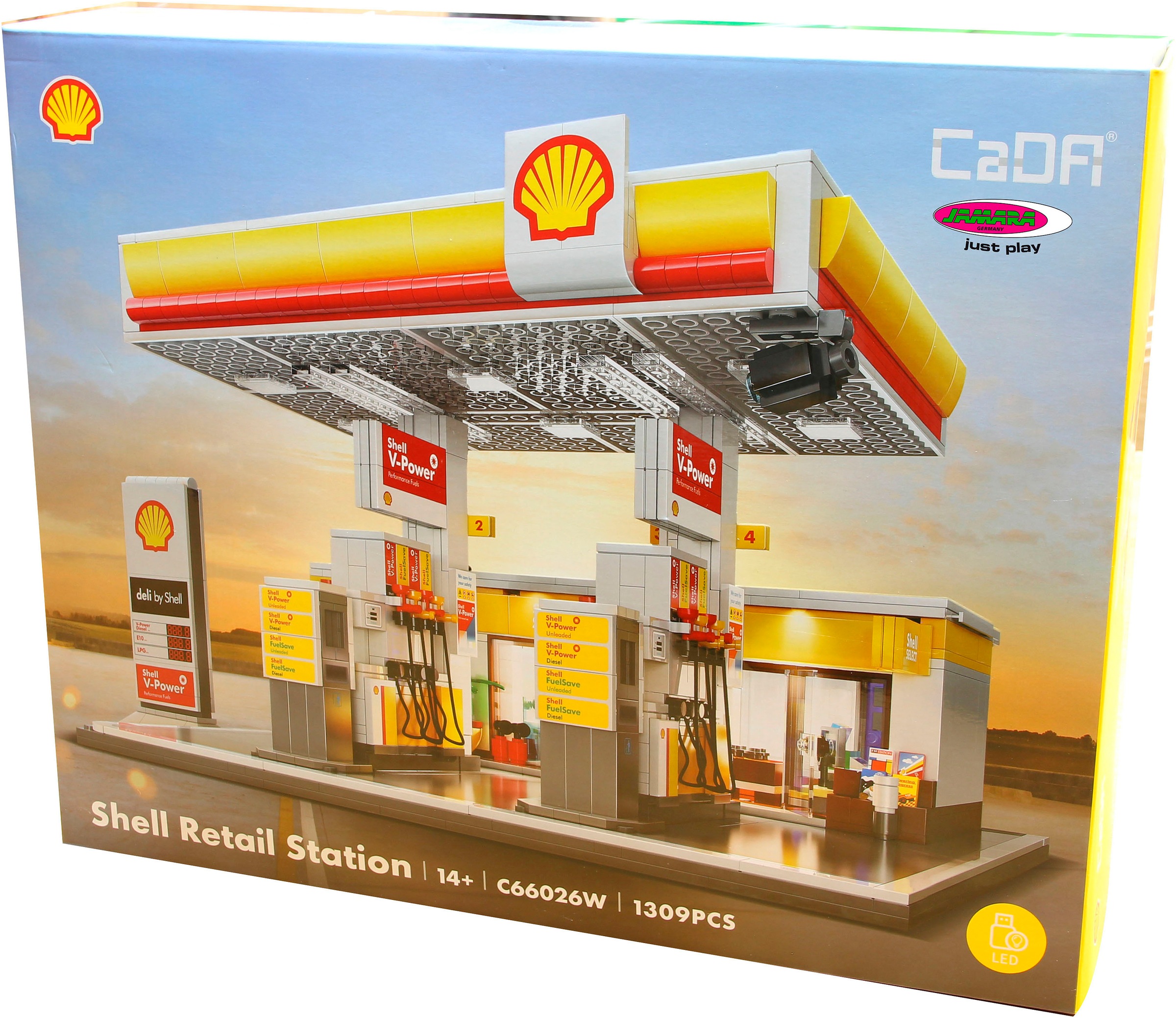 Jamara Konstruktions-Spielset »CaDA, Shell Tankstelle mit Shop und Waschanlage Bricks«, (1309 St.), mit LED Licht