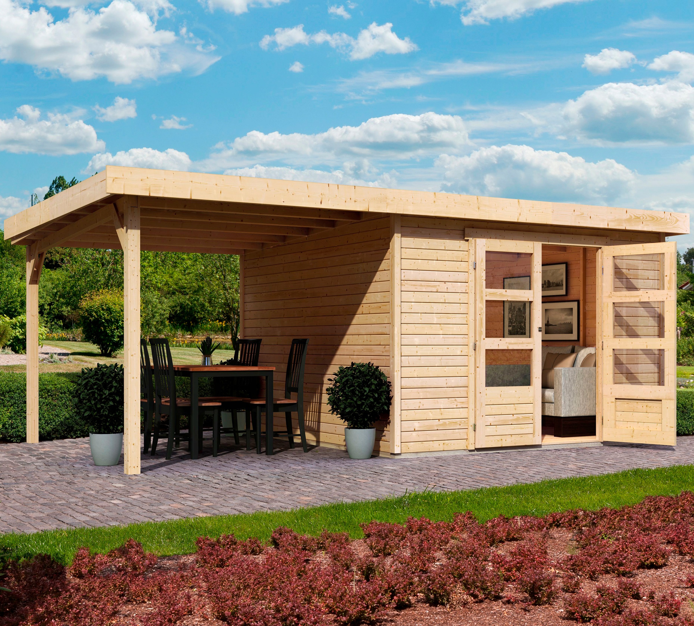 Karibu Gartenhaus "Arnis" mit Anbaudach 2,40 m Breite günstig online kaufen