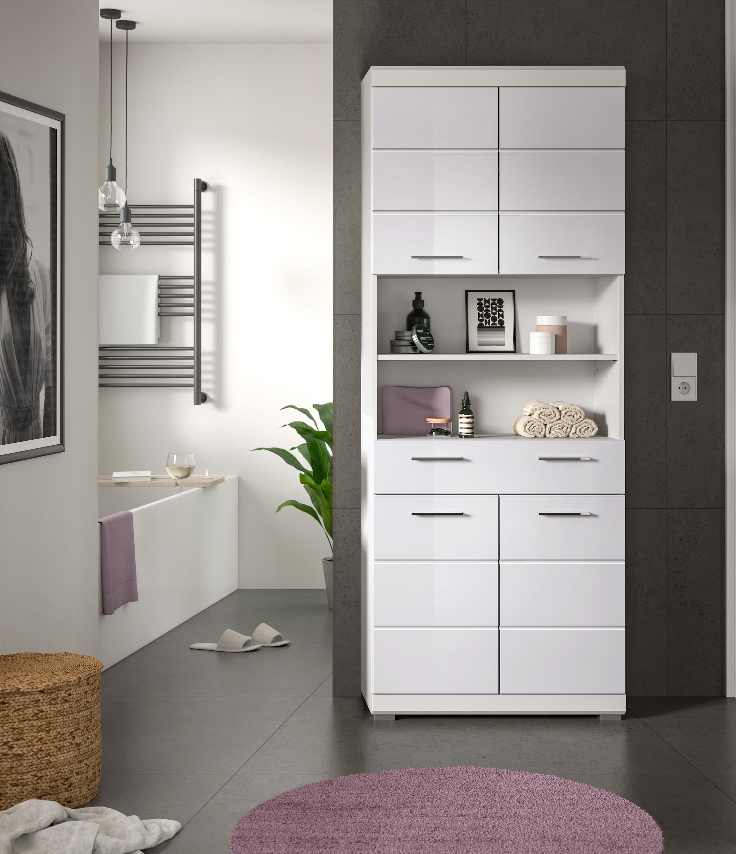 INOSIGN Hochschrank »Siena, Breite 74cm, 4 Türen, 1 Schubkasten, 2 offene Fächer, MDF-Front«, in verschiedenen Farben erhältlich, Badmöbel, Badschrank, Schrank, Bad