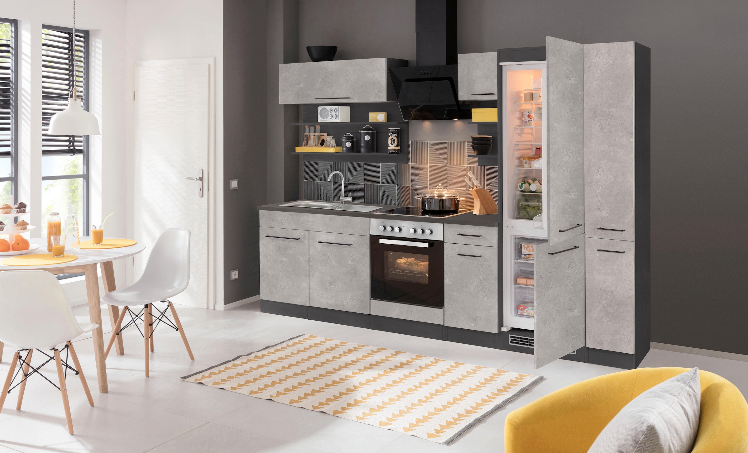 KOCHSTATION Küchenzeile »KS-Tulsa«, mit E-Geräten, Breite 300 cm, schwarze Metallgriffe, MDF Fronten