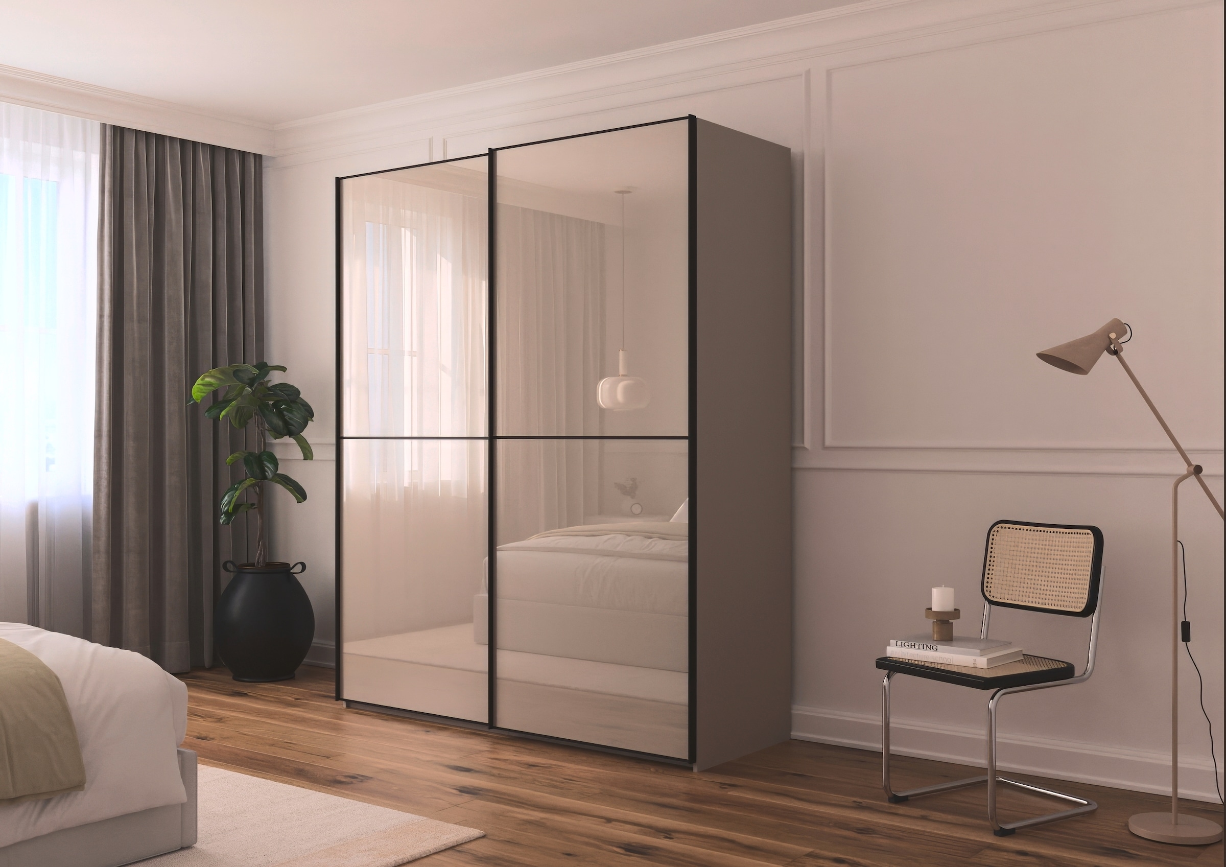 rauch Schwebetürenschrank »Kleiderschrank Schrank Garderobe Schlafzimmerschrank SCALE-DUO«, edle zweigeteilte Türen Glas-Front mit 3 Zierleisten MADE IN GERMANY