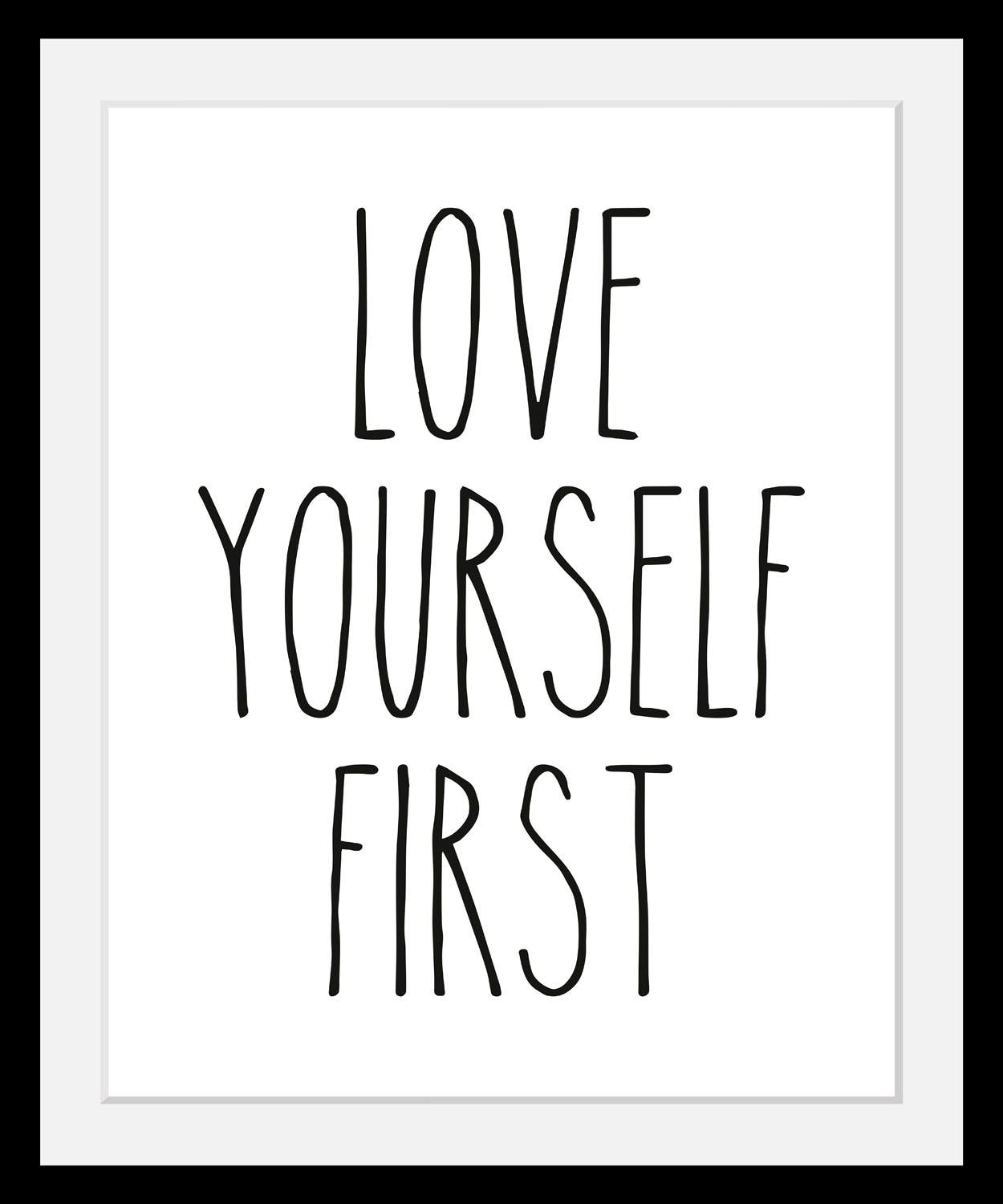 queence Bild "Selbstliebe" Liebessprüche Motivationsbilder Schriftzug Schwarz-Weiß HD Premium Poster-Druck inkl. Holzrahmen