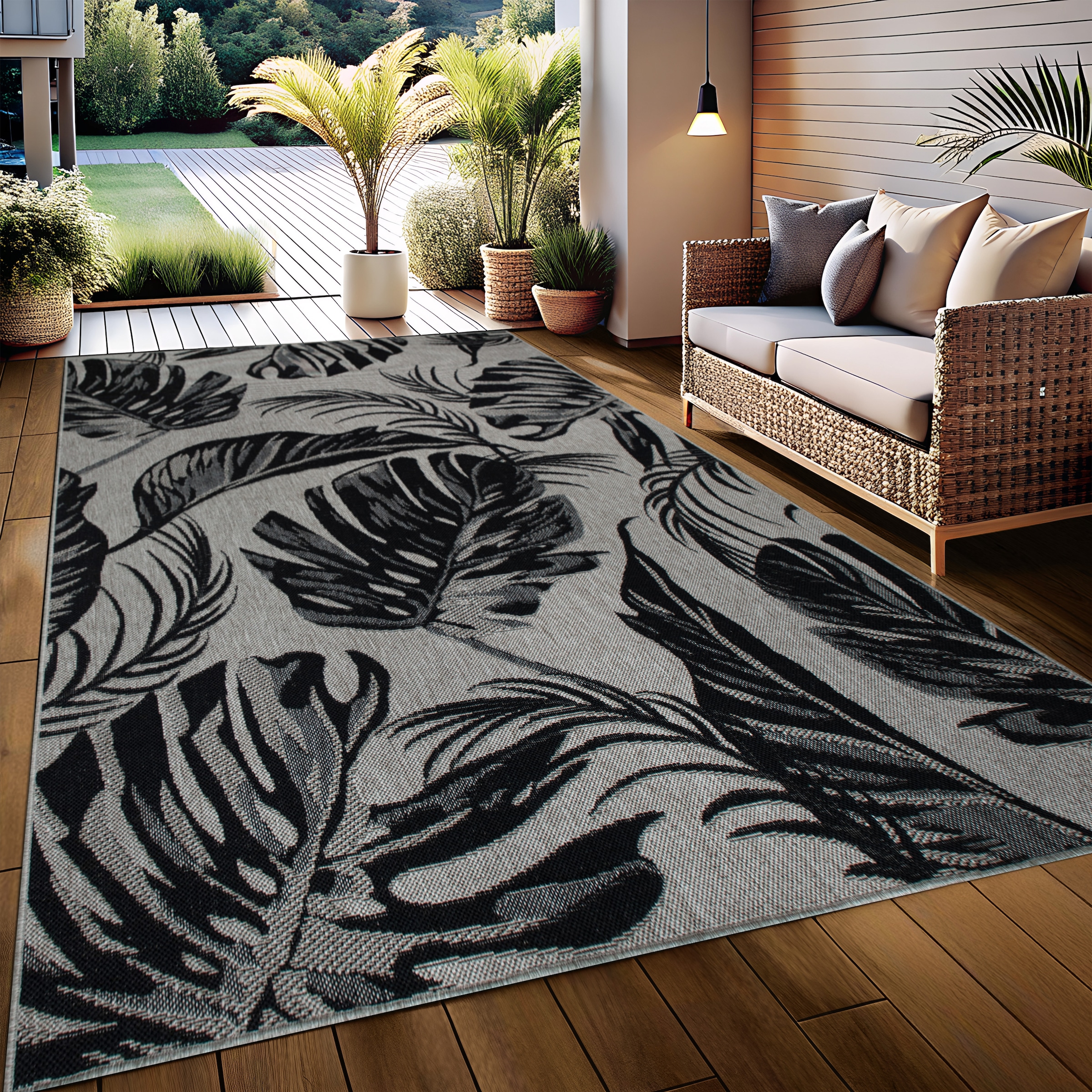 Bruno Banani Teppich »Larral, Blätter-Design auch für Balkon und Terrasse«, rechteckig, 3 mm Höhe, In- und Outdoor geeignet, Wetterfest & UV-beständig