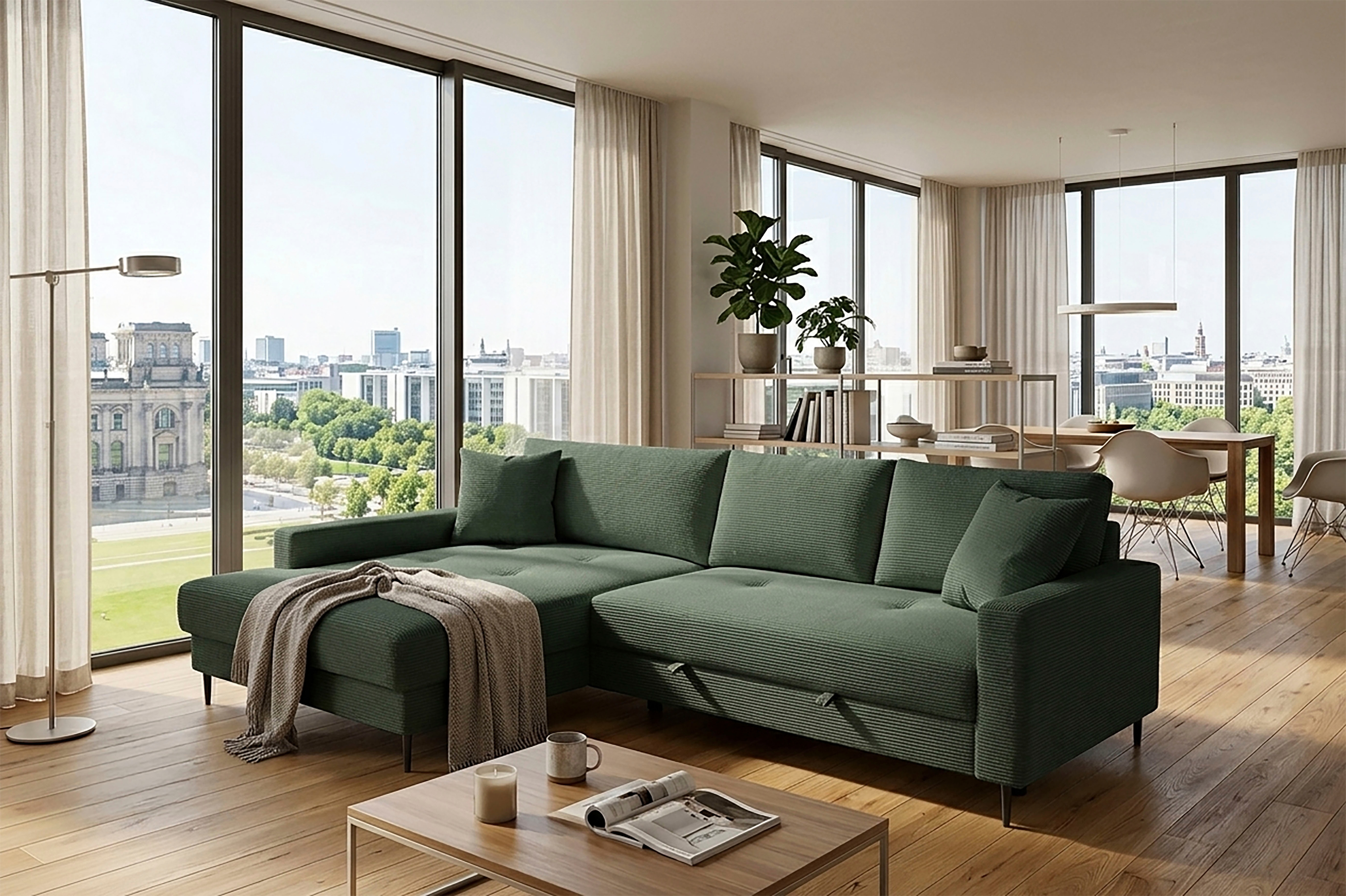Trends by HG Ecksofa "Summer L-Form, B: 284 cm, Schlaffunktion, 2 Zierkissen" optional mit Kopfstützen, Wellenfederung, frei stellbar