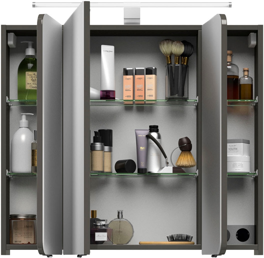 Saphir Spiegelschrank »Serie 4005 Badezimmer-Spiegelschrank inkl. LED-Aufsatzleuchte«, Badschrank 90 cm breit, 3 Türen, 6 Glas-Einlegeböden, inkl. Türdämpfer