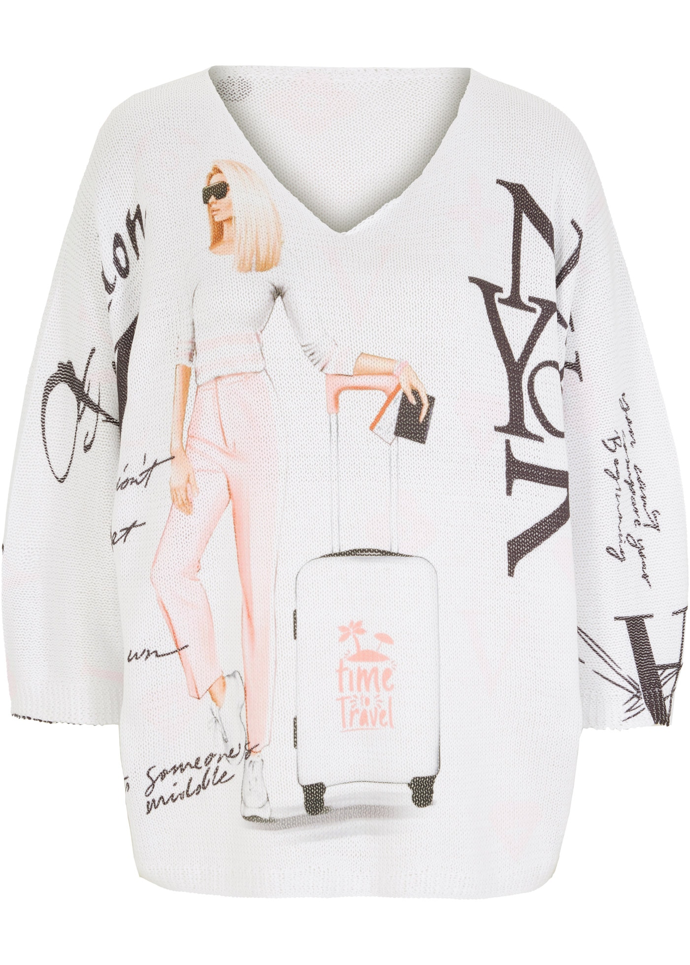 bonprix Strickpullover 3/4-Fledermausärmel, cooler Alloverprint, bequeme Passform