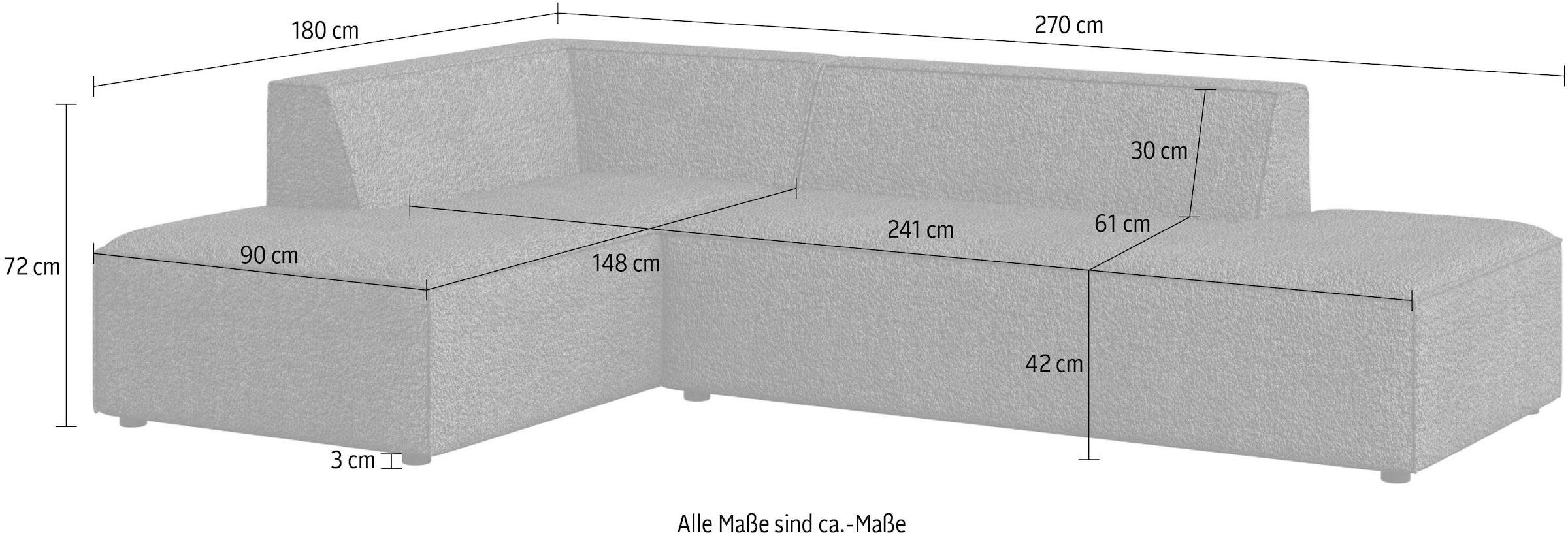INOSIGN Ecksofa »Ecksofa Cavan mit Ottomane links oder rechts bestellbar«, L-Form mit Wellenunterfederung, Maße B/T/H: 270/180/72 cm