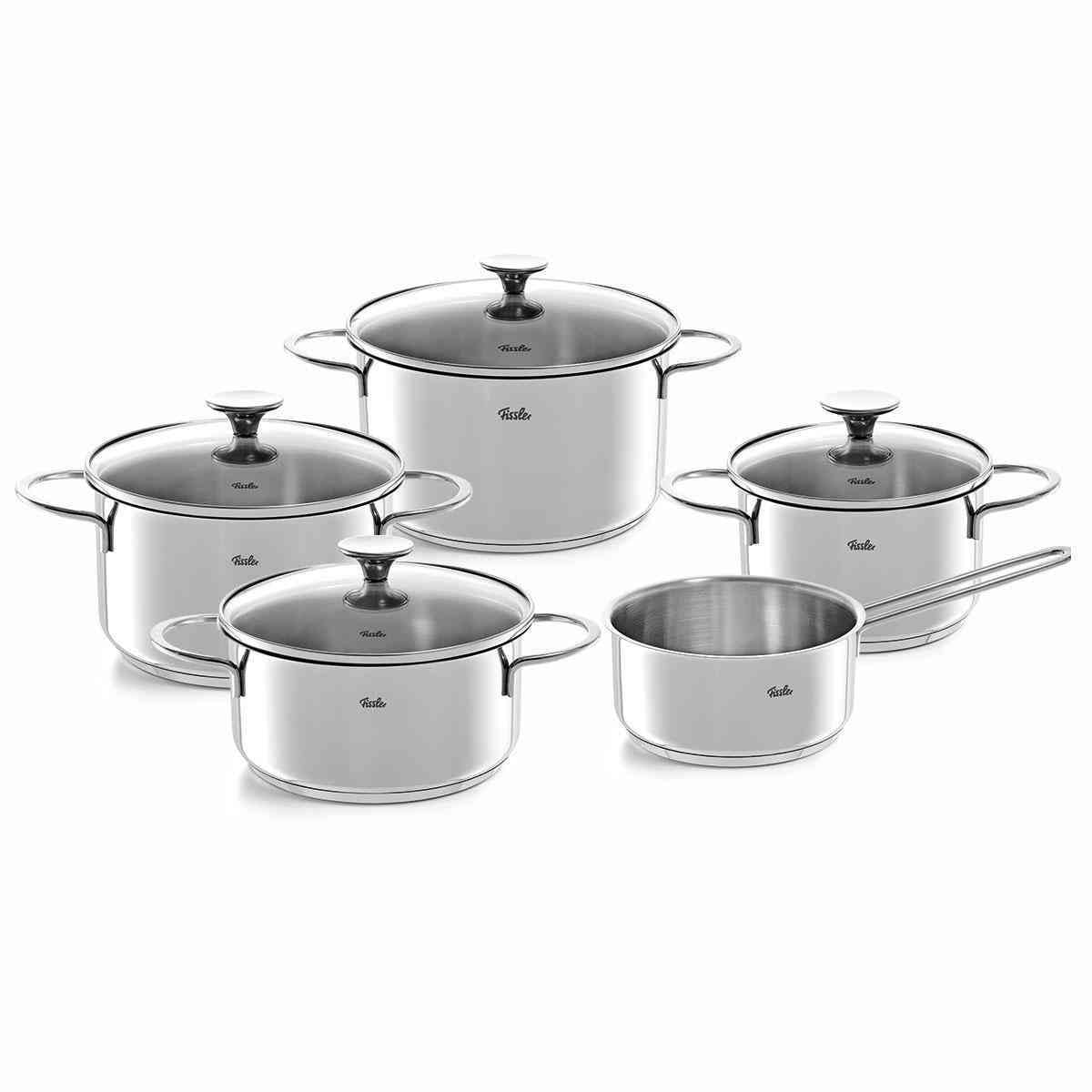 Fissler Topf-Set »Copenhagen«, Edelstahl 18/10, (Set, 9 tlg., Bratentopf 20 cm, je 1 Kochtopf 16/20/24 cm, Stielkasserolle 16 cm), Töpfe mit Glasdeckel, Mess-Skala, Induktion, backofengeeignet