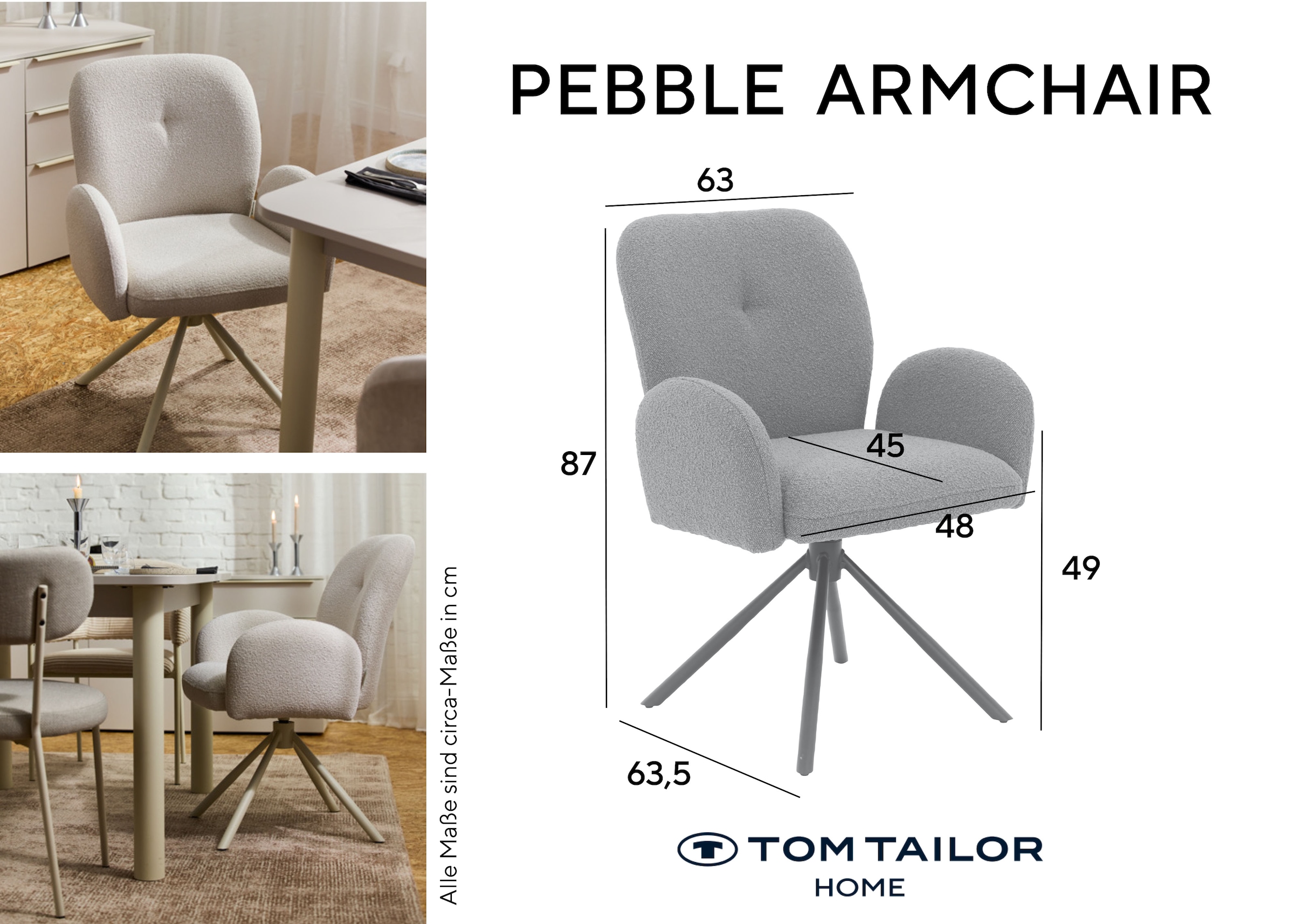 TOM TAILOR HOME Armlehnstuhl »PEBBLE ARMCHAIR« (Set) 2 Stk.Esszimmerstuhl, mit Armlehnen, 4-Fußgestell, 140 kg belastbar, drehbar