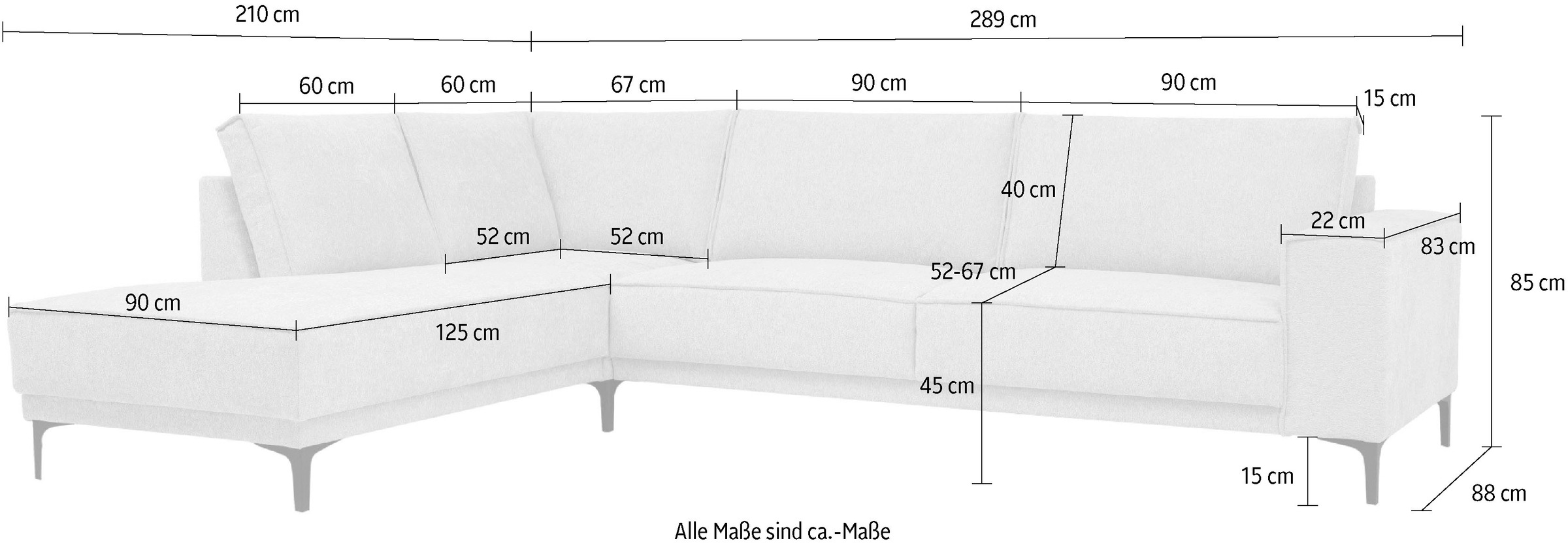 Places of Style Ecksofa »Polsterecke Oland, Struktur, Flachgewebe, Luxus-Microfaser, Boucle«, L-Form, 289 cm, Wellenunterfederung, Skandi-Design, Metallfüße