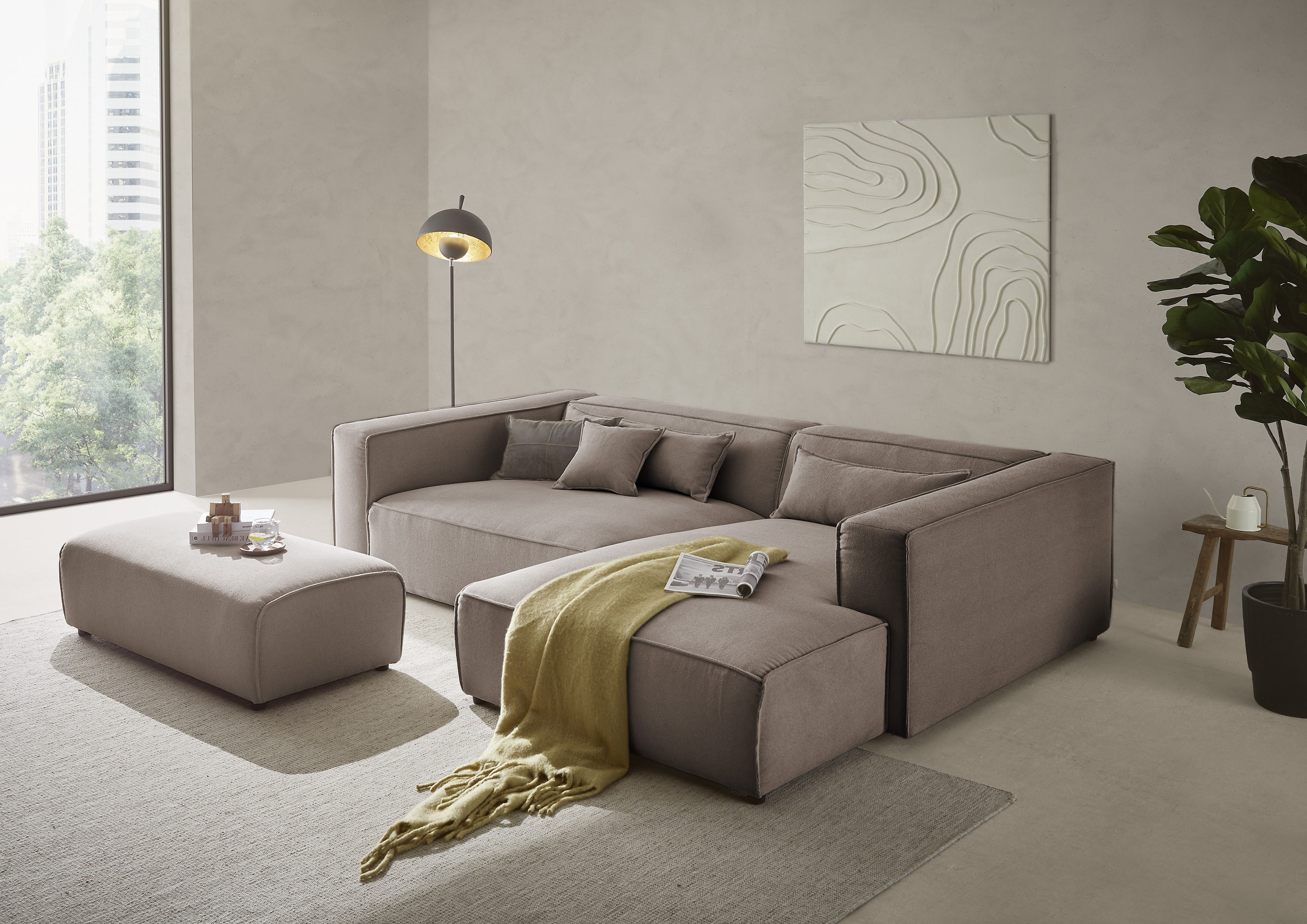 LeGer Home by Lena Gercke Ecksofa "PIARA XXL Struktur u. Leinenoptik, L-Form, Schlaffunktion" Hocker stellbar zum Schlafsofa (Krokodilverbinder), tiefe Sitzfläche