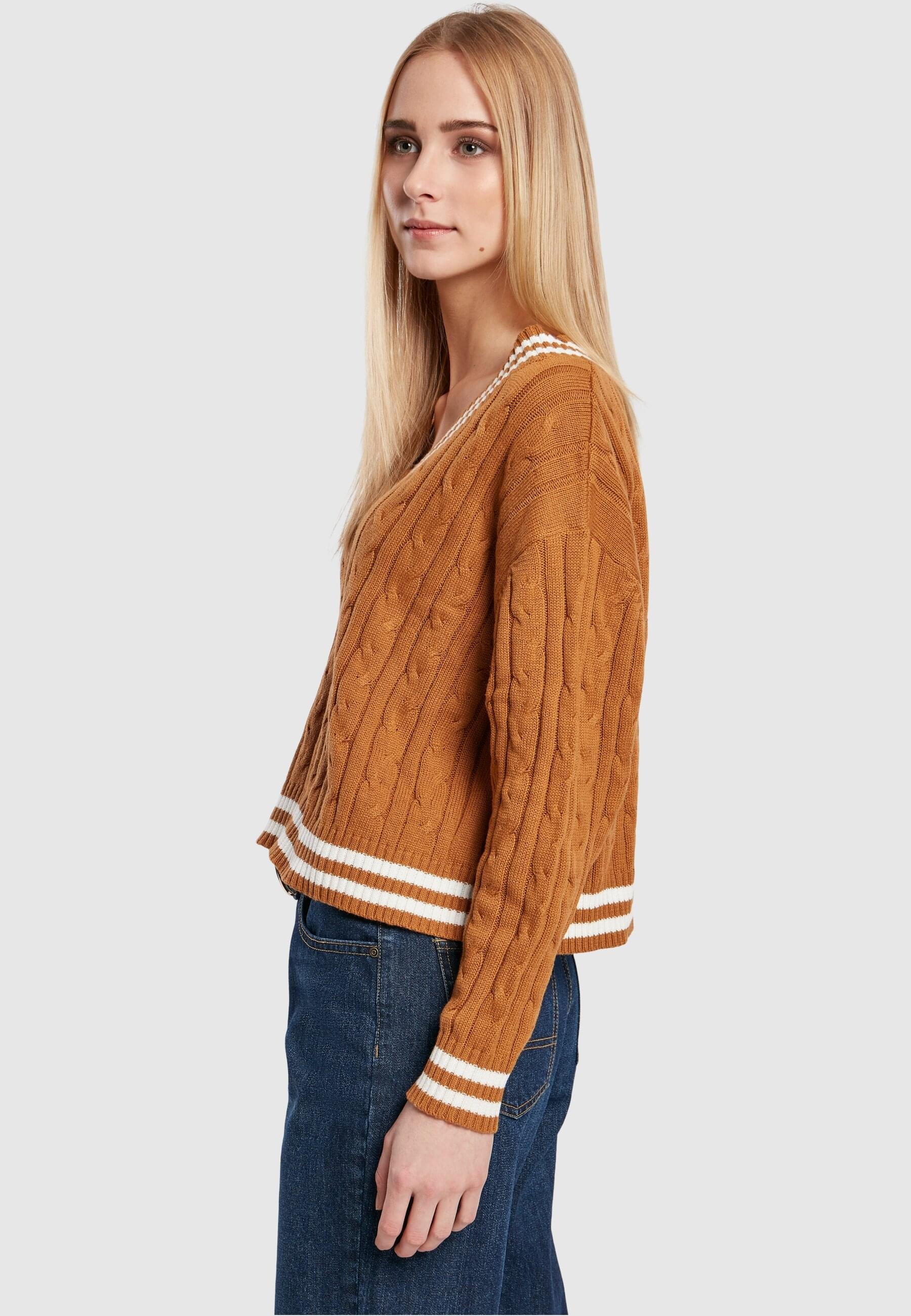URBAN CLASSICS Rundhalspullover »Urban Classics Damen Ladies Short V-Neck College Sweater«, (1 tlg.)