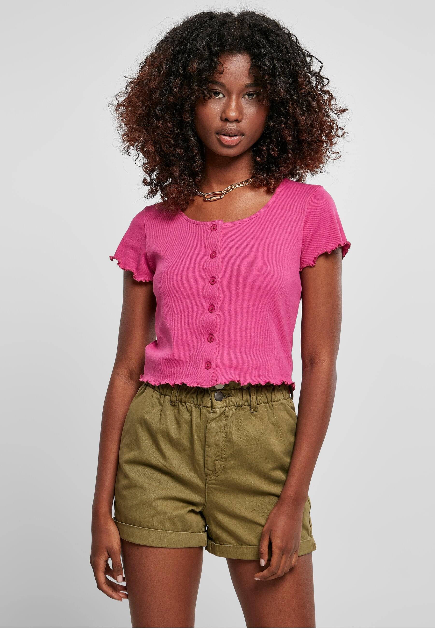 URBAN CLASSICS Kurzarmshirt »Urban Classics Damen Ladies Cropped Button Up Rib Tee«, (1 tlg.)